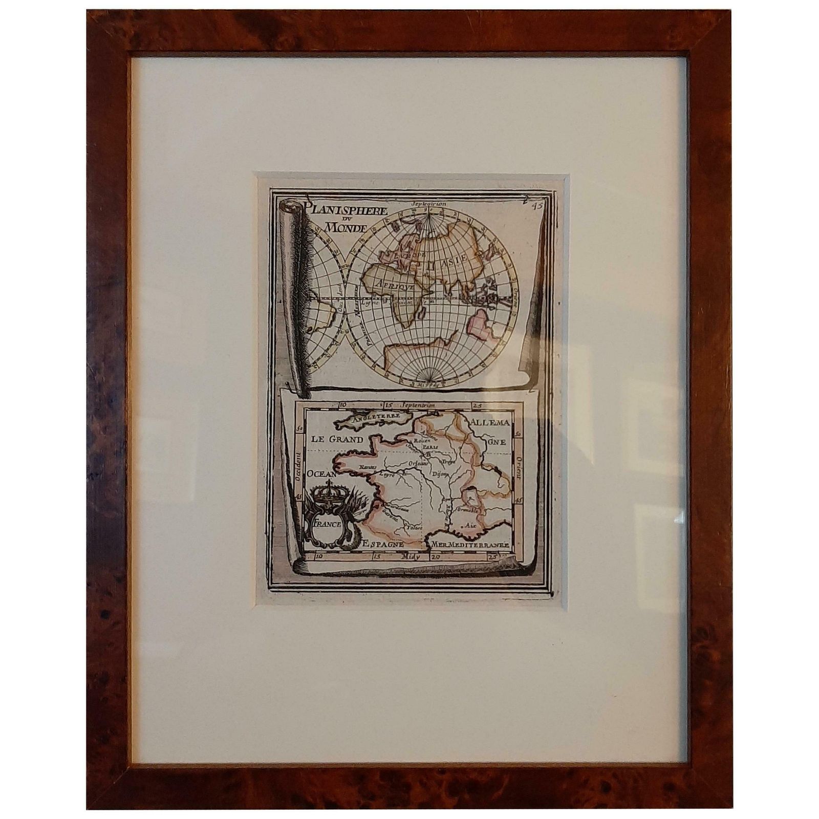 Antique Miniature Map Of The Old World And France By Mallet, Circa 1683