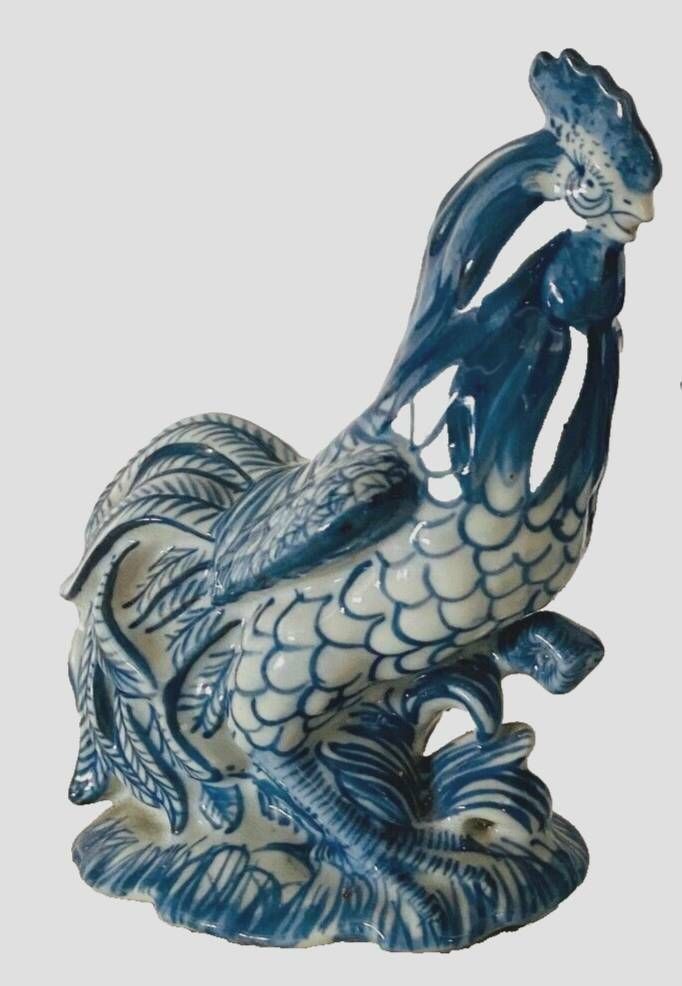 Pair Of Ceramic Roosters In Blue Camaieu 20th Century photo Art