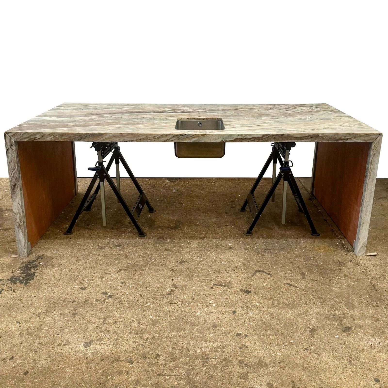 Brown And Green Marble Kitchen Island With Sink