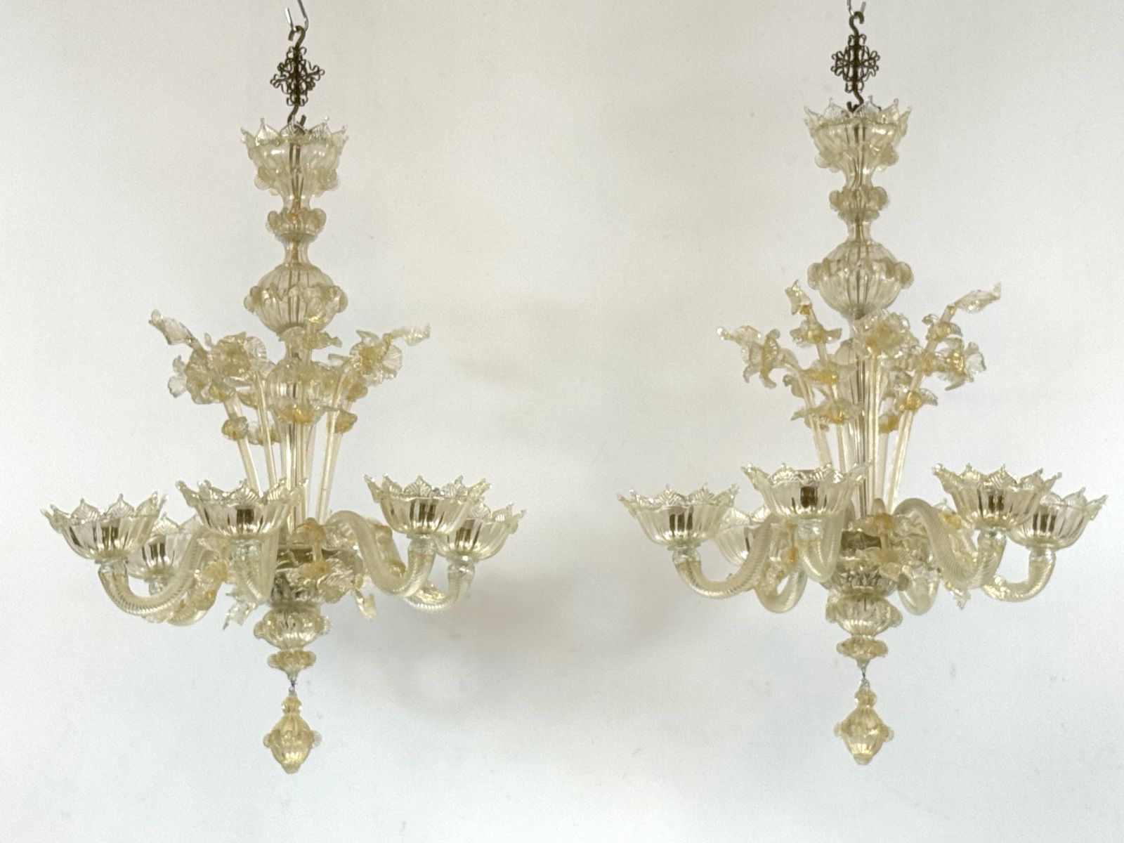 Pair Of Italian Murano Gold Dusted Chandeliers From 50s.