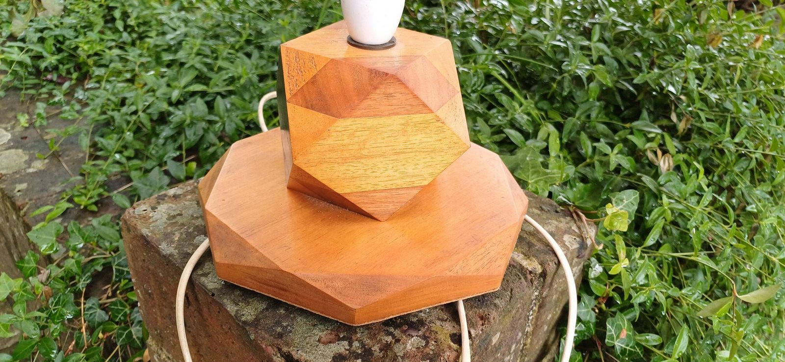 Superb Art Deco Table Lamp Of High Quality Different Blocks Of Wood Tetradecagon Diamond. photo Lighting