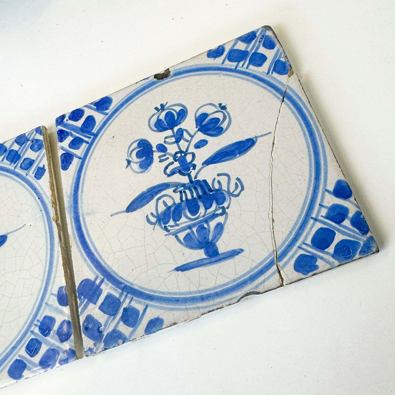 Set Of 2 Antique 18th Century Dutch Delft Floral Tiles photo for sale