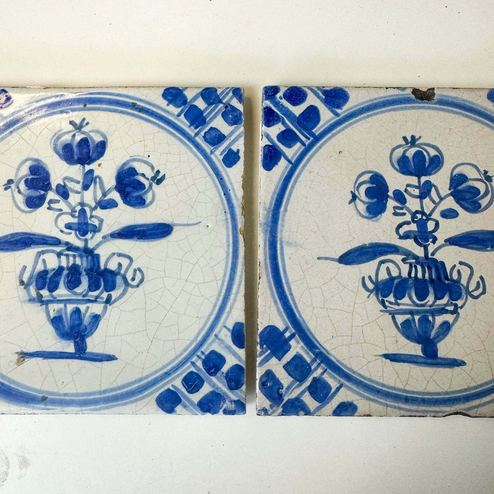 Set Of 2 Antique 18th Century Dutch Delft Floral Tiles photo Home Fixtures