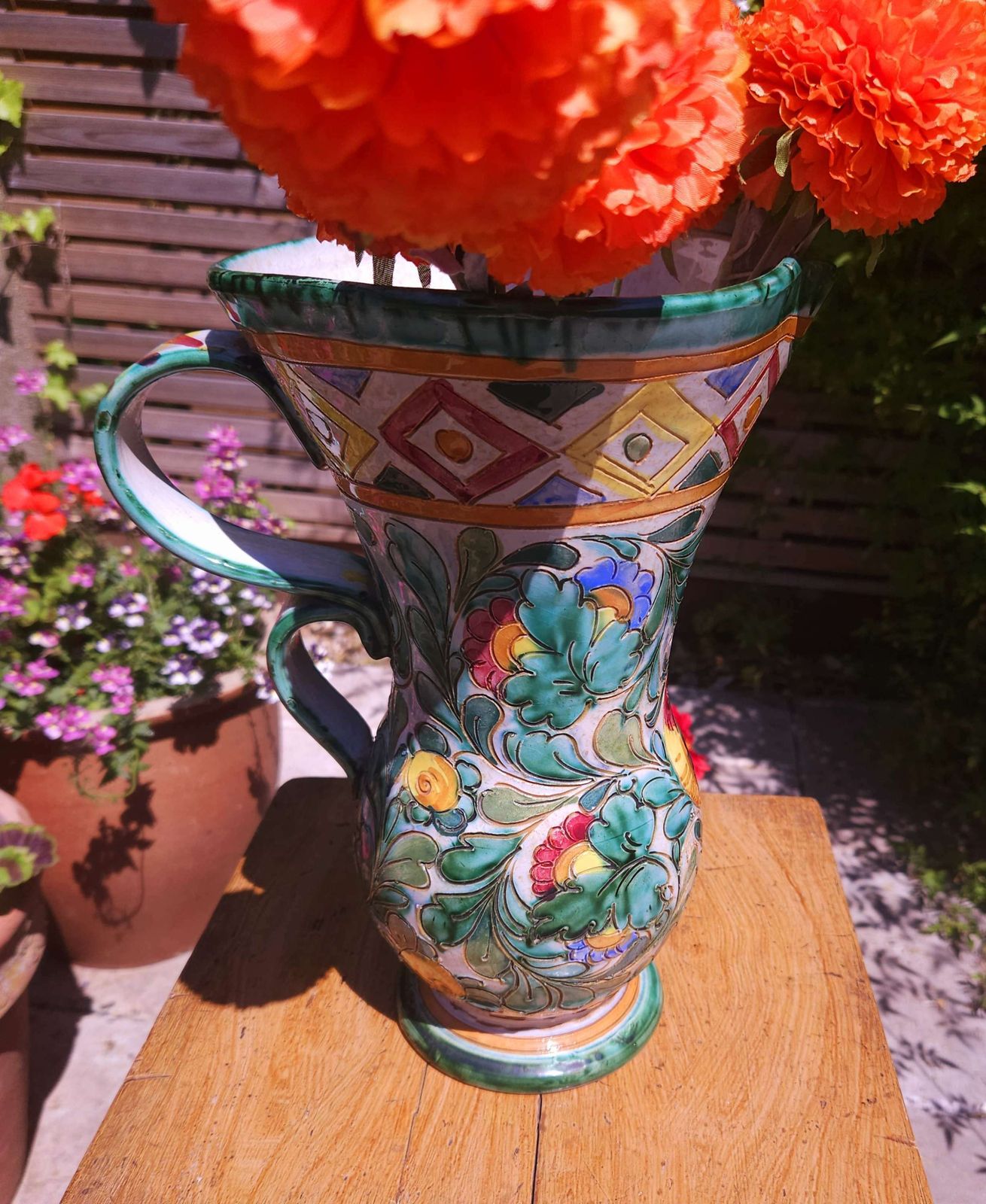 Large And Amazing Technicolour Italian Majolica Vase Jug, In Beswick Ware Style photo for sale