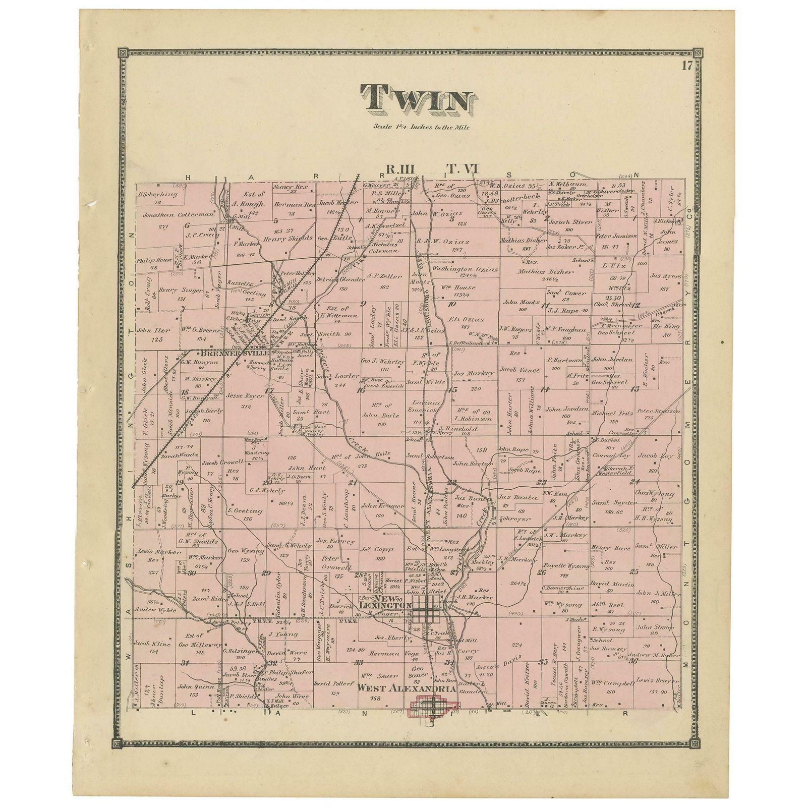 Antique Map Of The Twin Township Of Ohio By Titus '1871'
