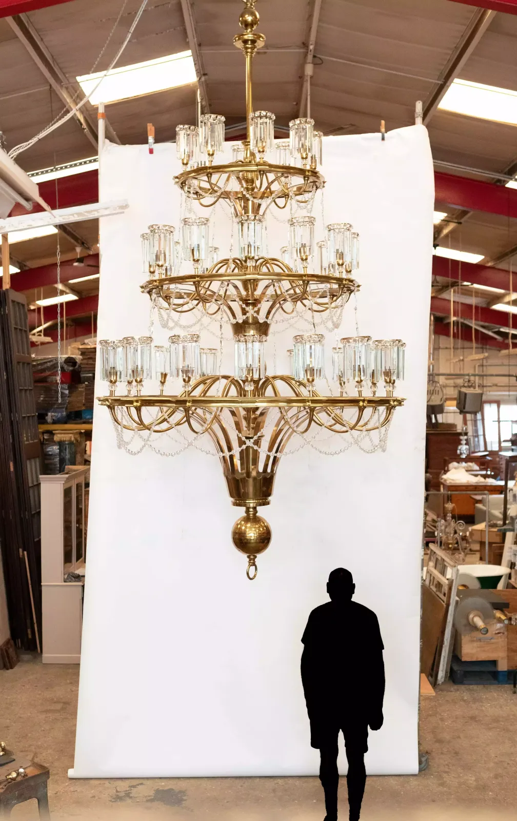 Giant Reclaimed Brass & Crystal Chandelier | >4m Tall photo Lighting