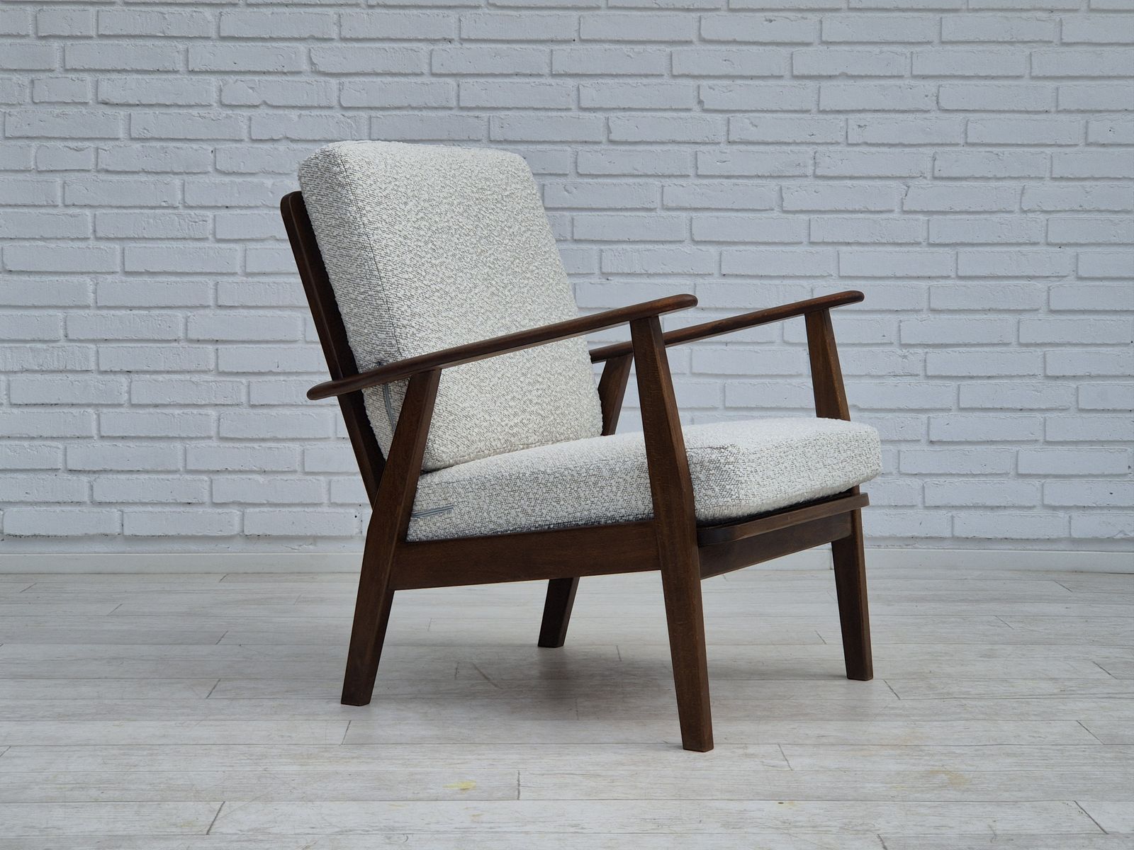 1960s, Danish Armchair, Refurbished In Quality White/Grey Furniture Fabric, Beech Wood.