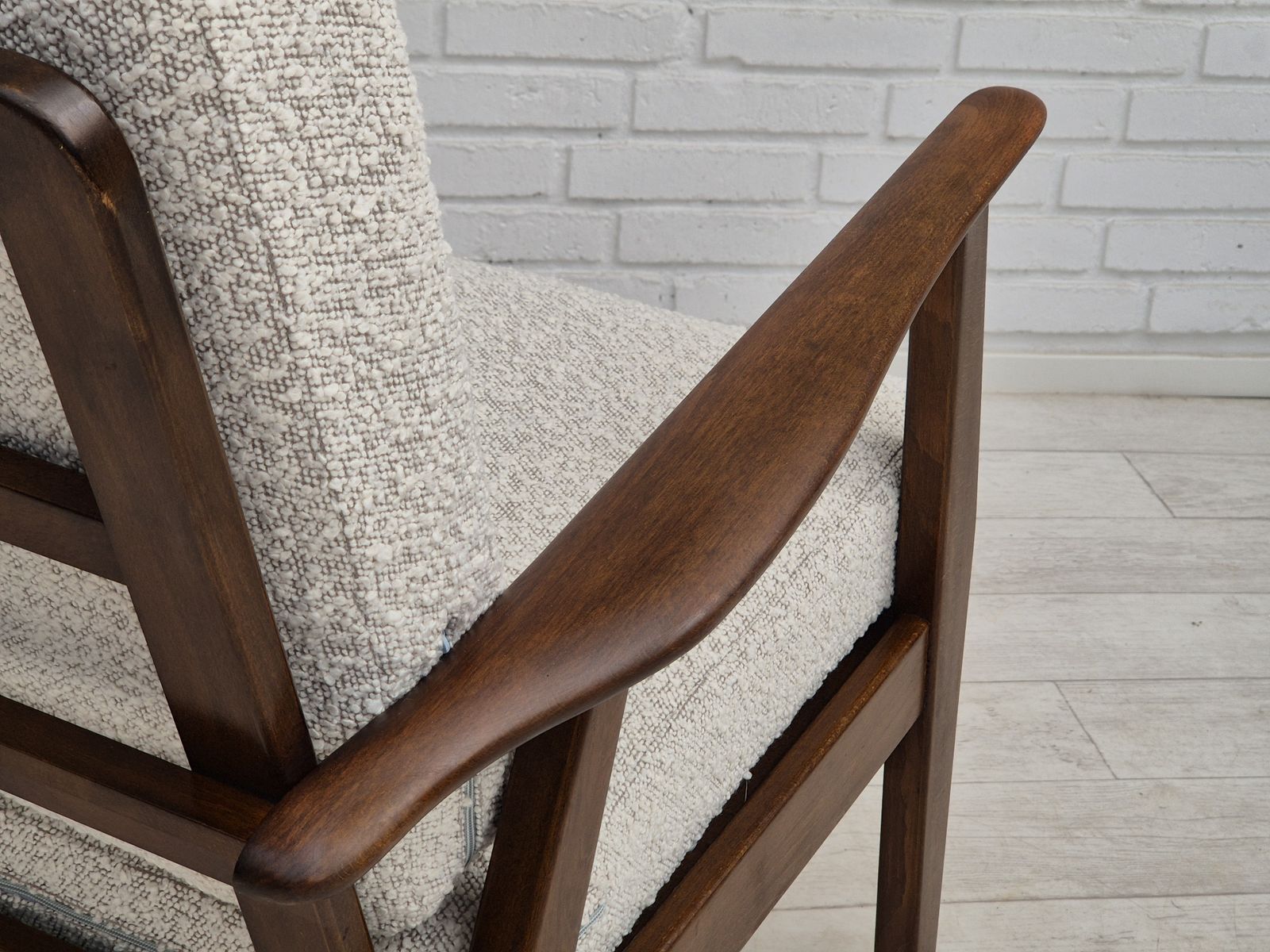 photo furniture 1960s, Danish Armchair, Refurbished In Quality White/Grey Furniture Fabric, Beech Wood.