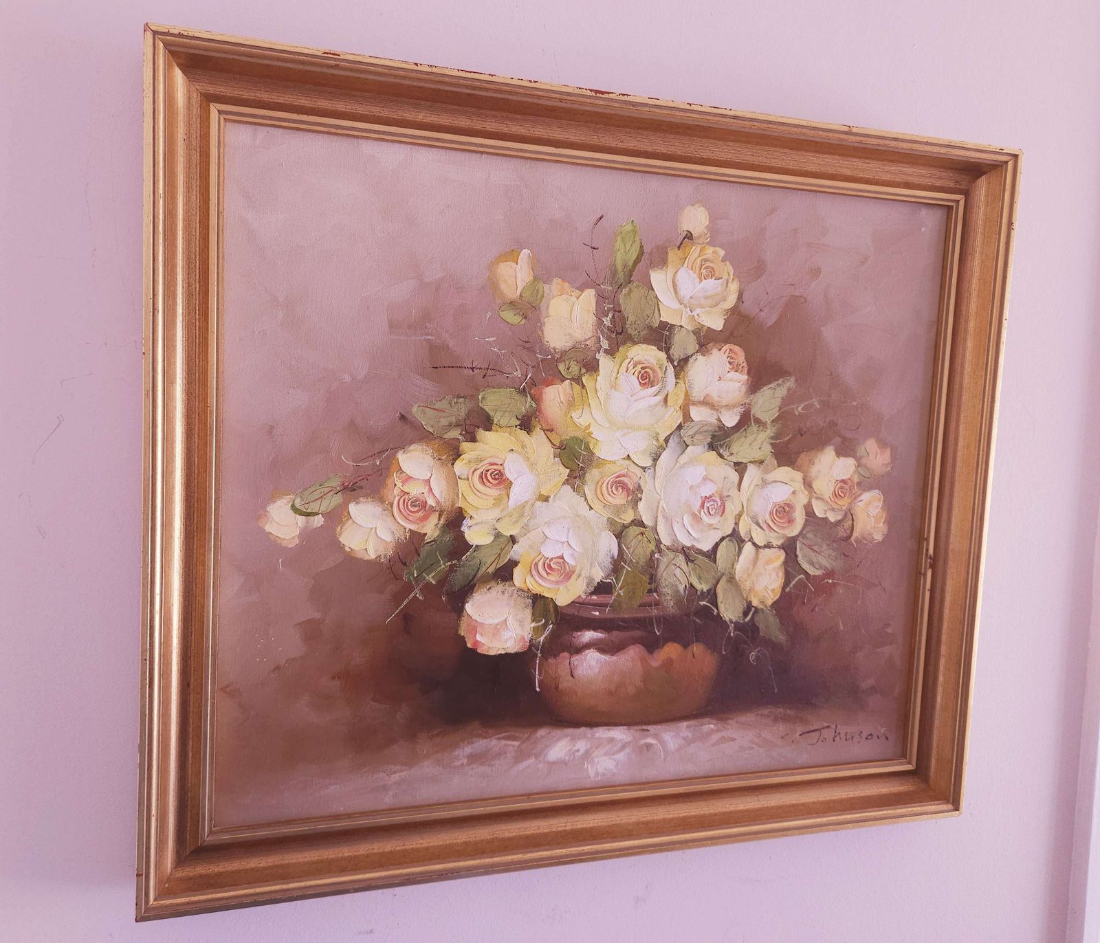 Large, Framed Floral Oil On Canvas Of Yellow Roses Signed By Artist C.Johnson photo for sale