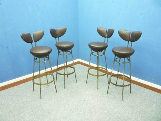 Mid Century Leather And Steel Bar Stools, 1950s, Set Of 4