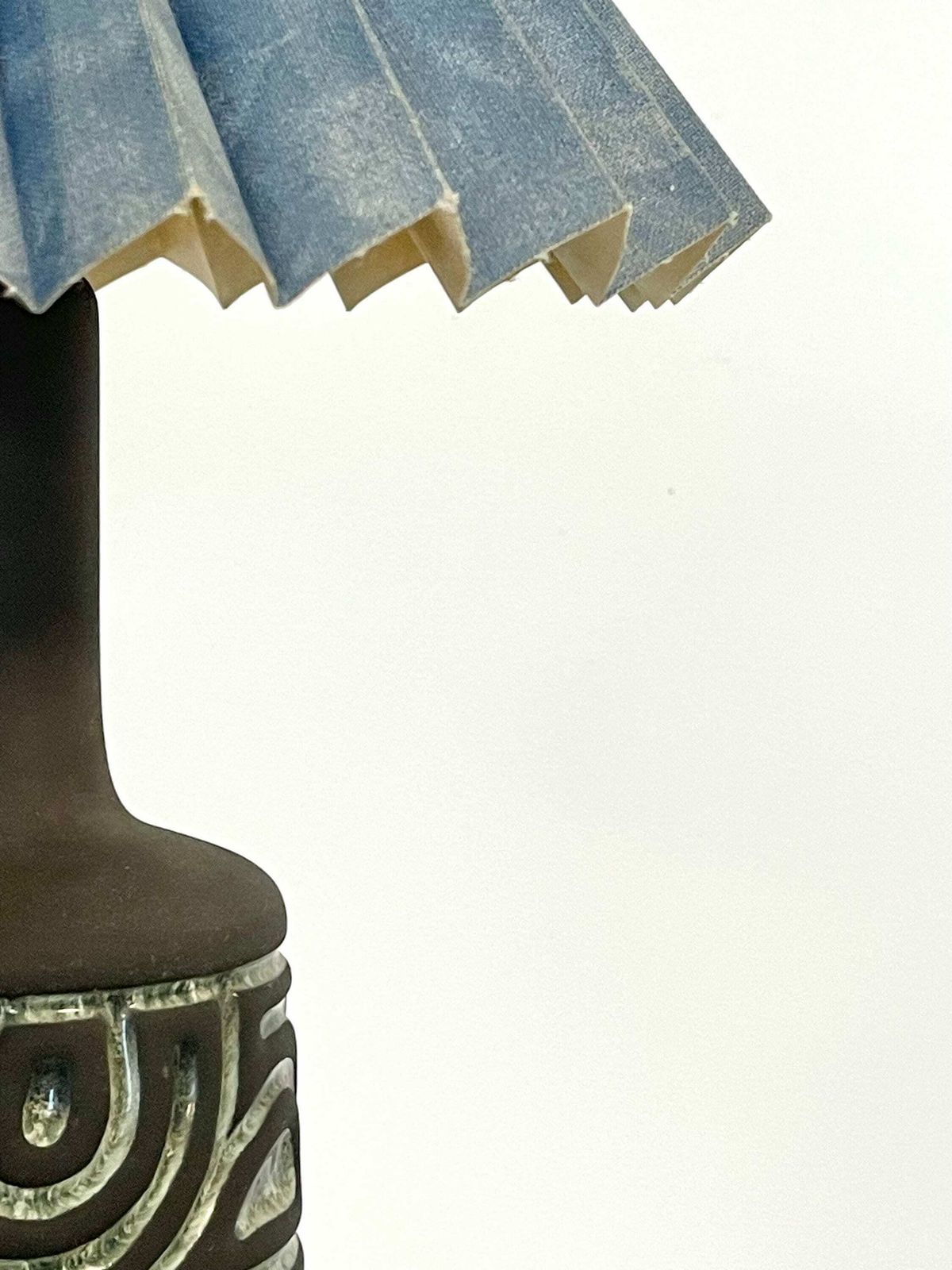 Classic Danish Mid Century Vintage Ceramic Stone Ware Design Table Lamp In Raw Clay And Gorgeous Blue Glaze With Blue Pleated Shade photo vintage