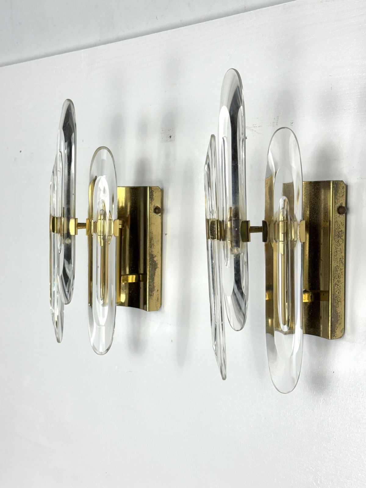Pair Of Sciolari Sconces In Glass And Gilded Brass. Italy 1970s photo for sale