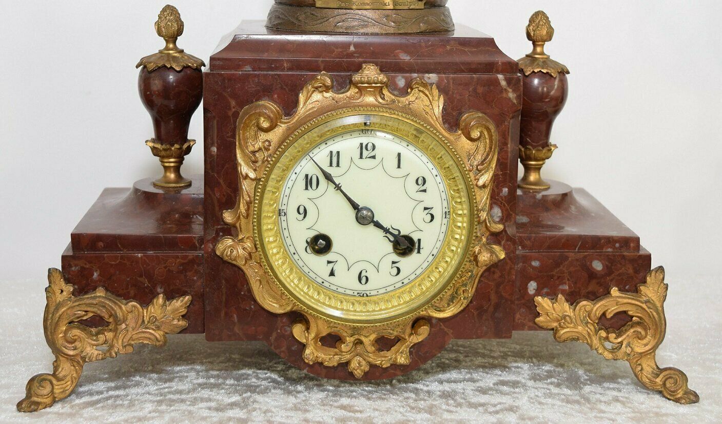 19th Century French Rouge Marble Mantel Clock With Candelabra Garnitures photo Home Decor