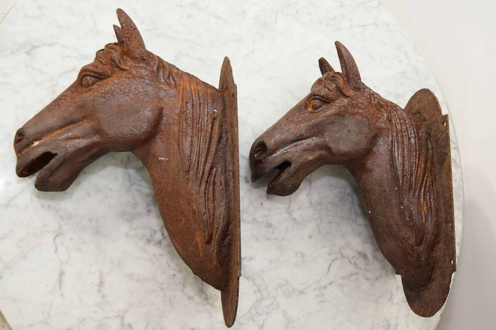photo for sale Pair Of Antique French Wall Mounted Cast Iron Horse Heads