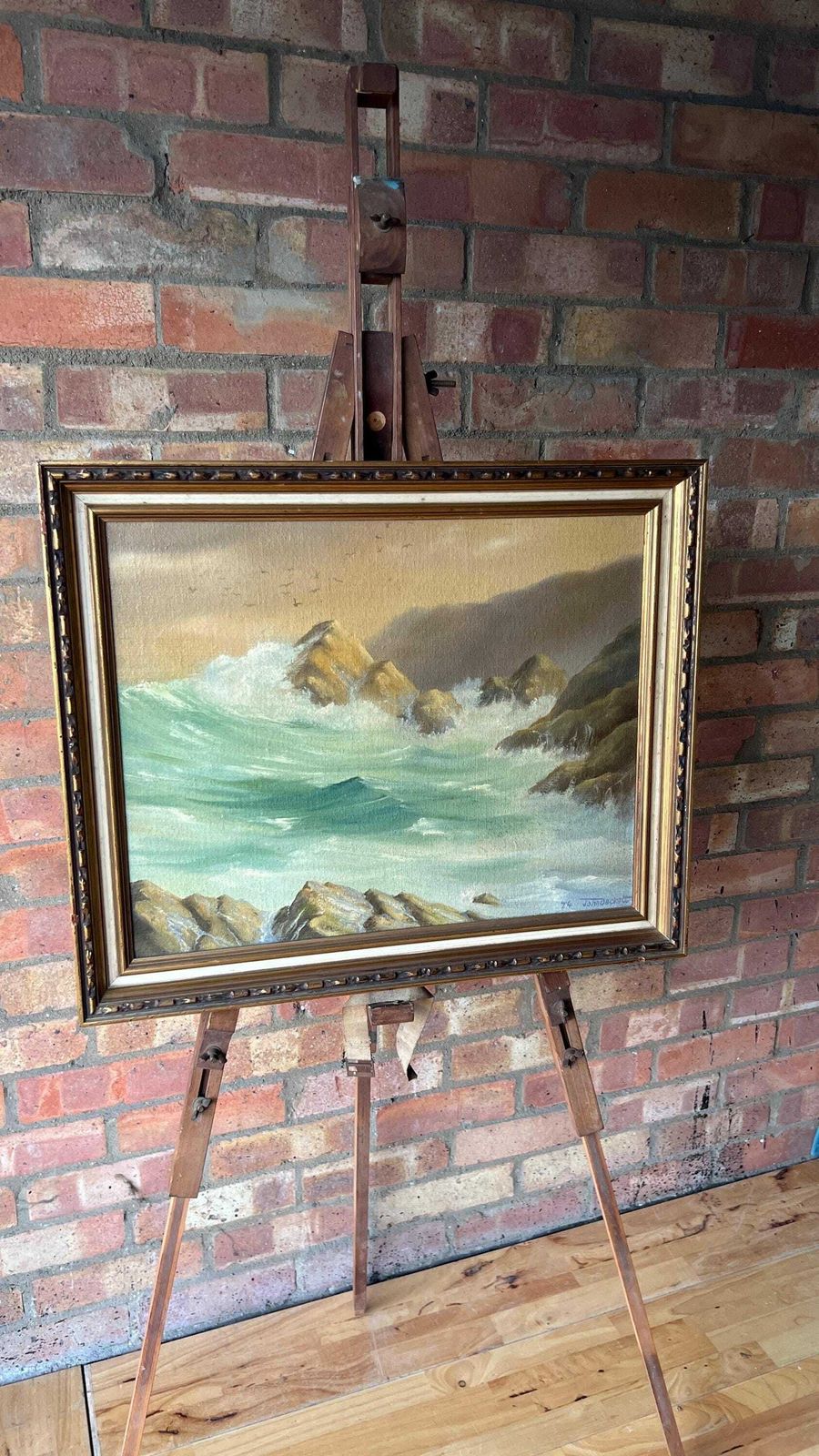 1974 Original Signed And Framed Oil Painting Depicting Sea Waves Bouncing Off Rocks