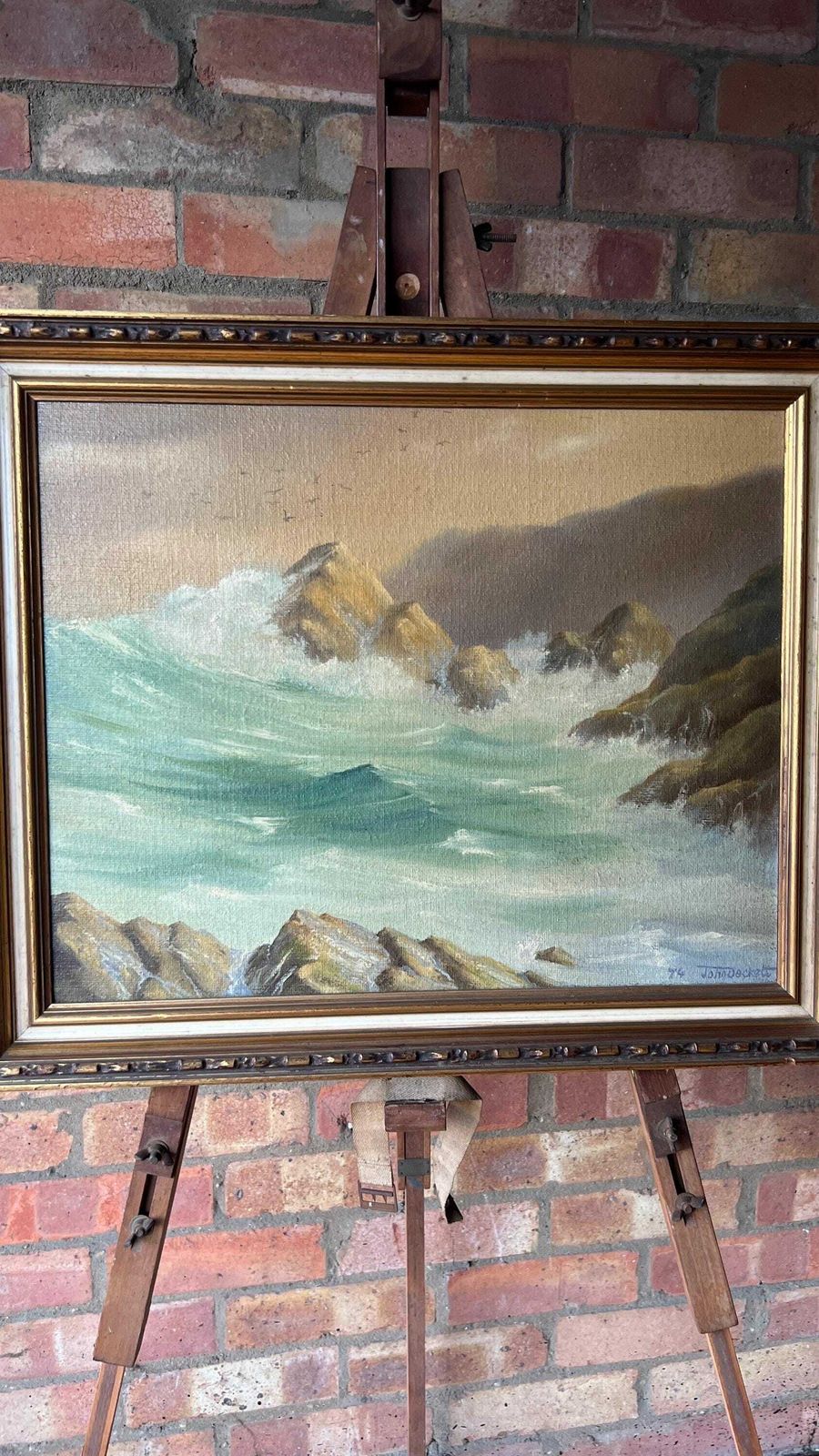1974 Original Signed And Framed Oil Painting Depicting Sea Waves Bouncing Off Rocks photo furniture