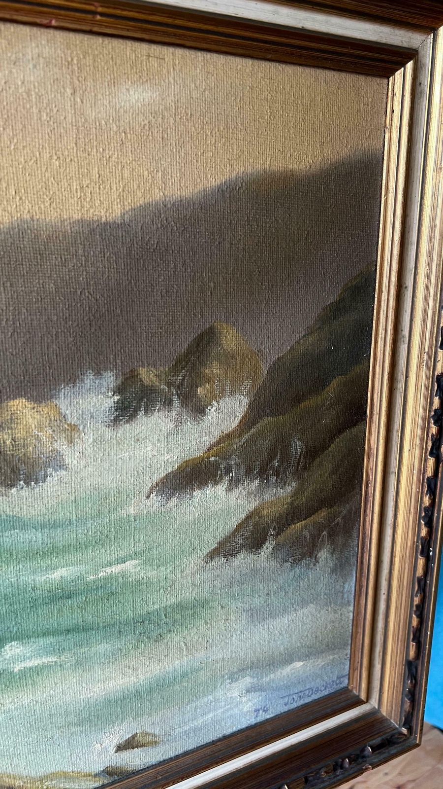 1974 Original Signed And Framed Oil Painting Depicting Sea Waves Bouncing Off Rocks photo 219.0