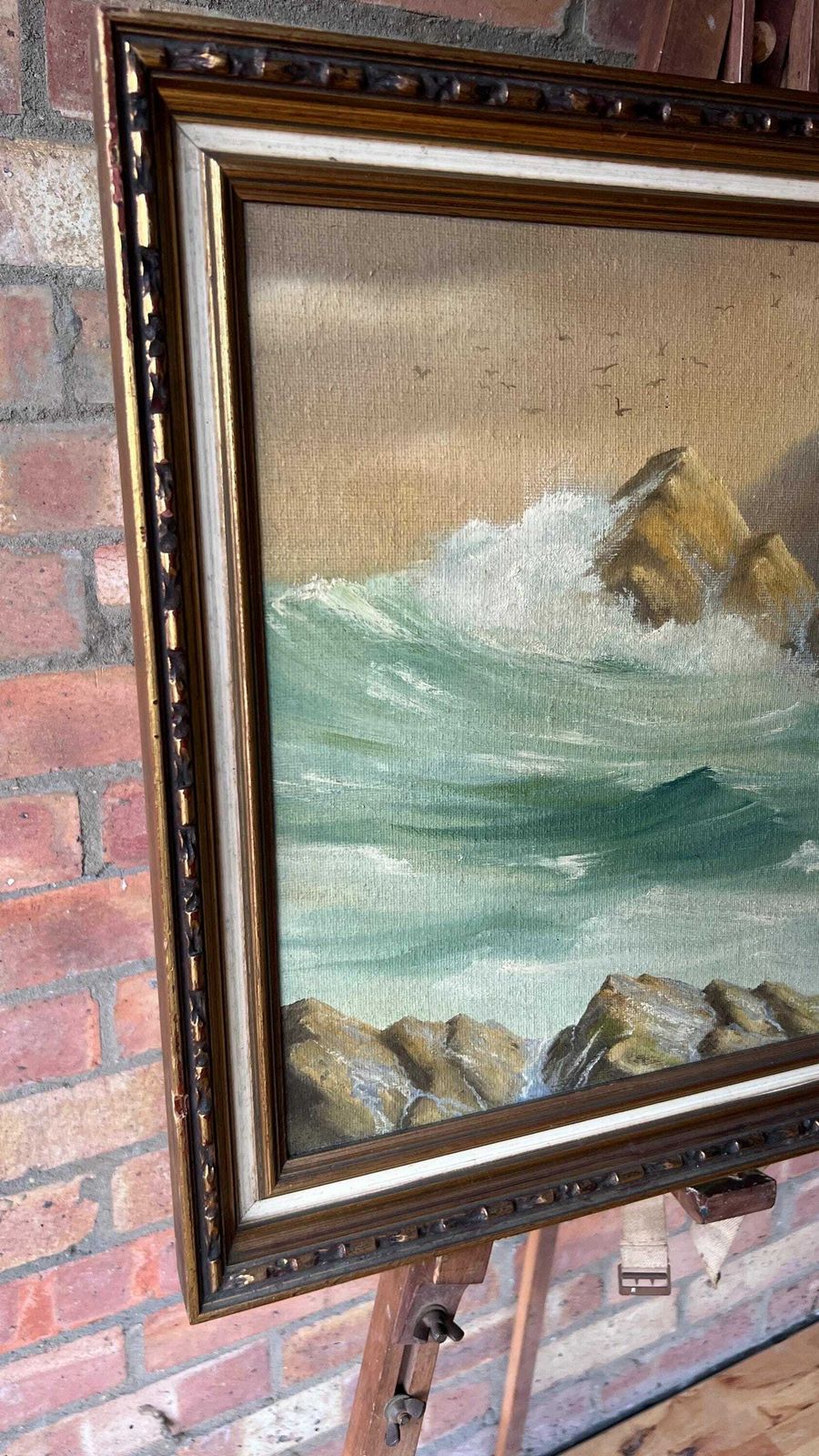 1974 Original Signed And Framed Oil Painting Depicting Sea Waves Bouncing Off Rocks photo buy