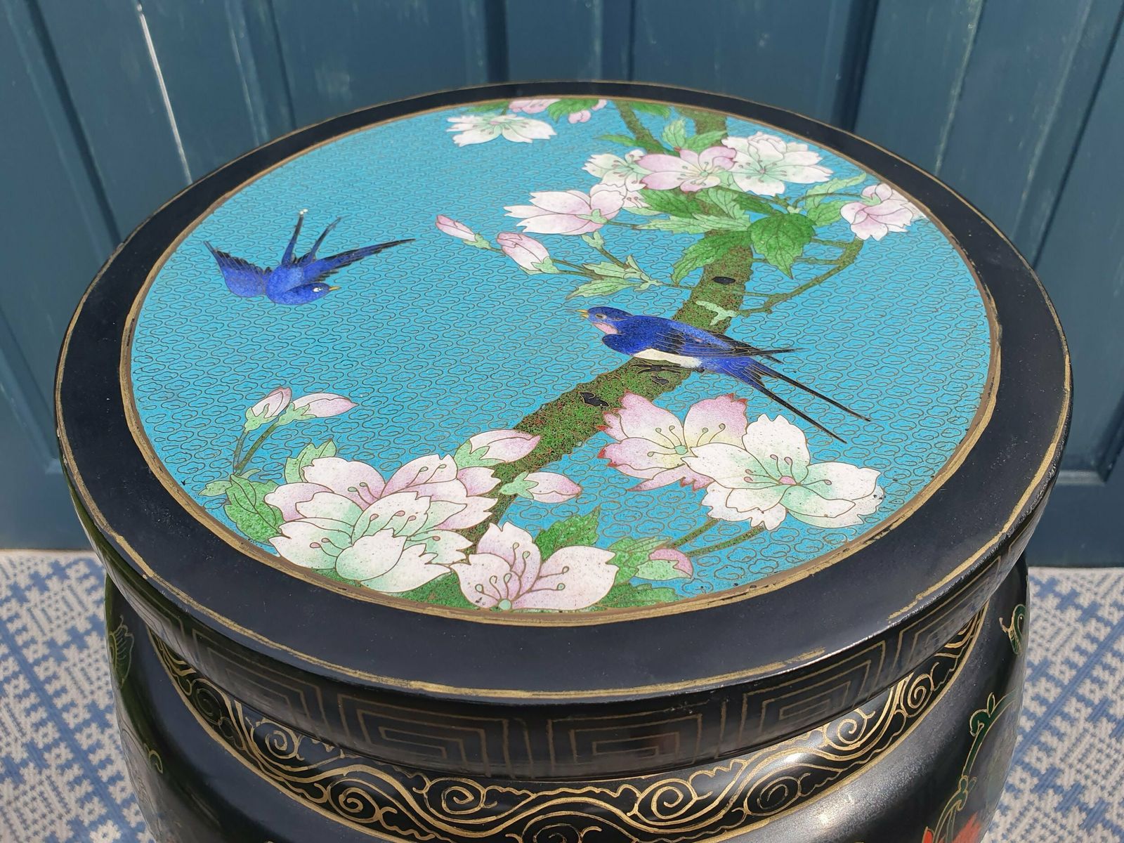 Black Lacquered Chinoiserie Jardiniere Stand With Cloisonne Top photo buy