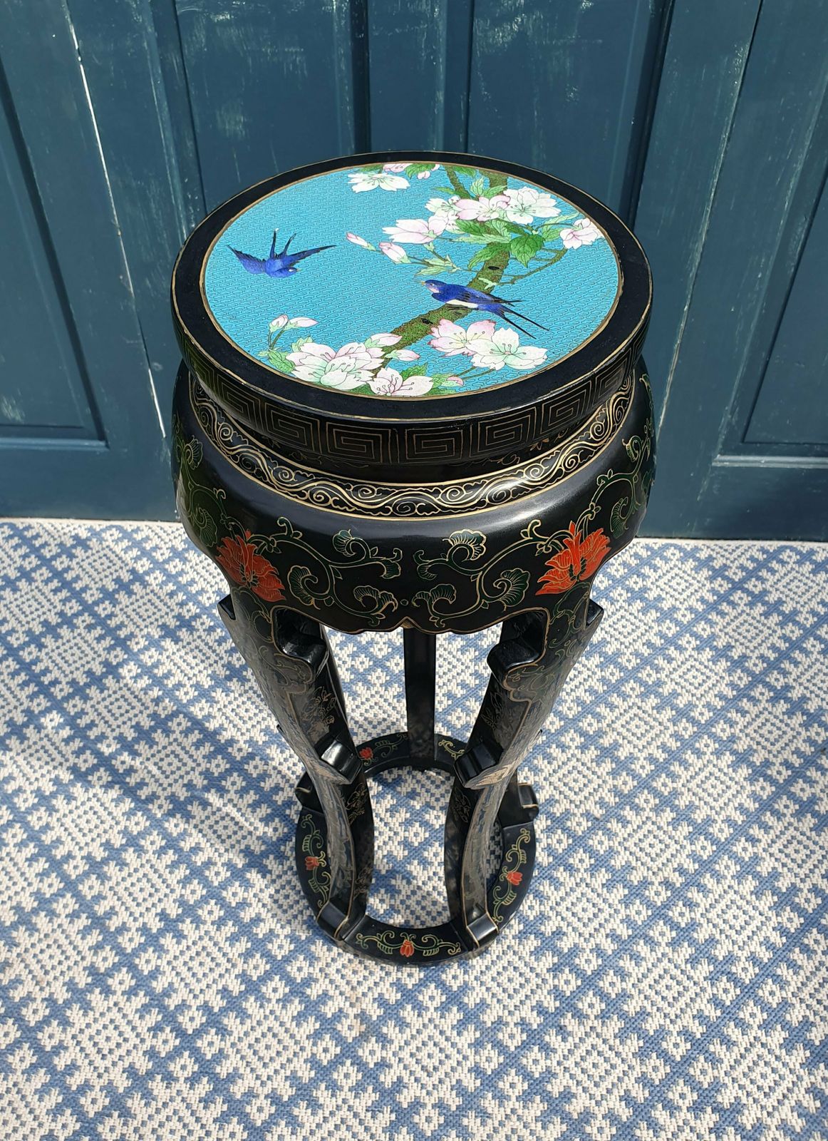 Black Lacquered Chinoiserie Jardiniere Stand With Cloisonne Top photo vintage