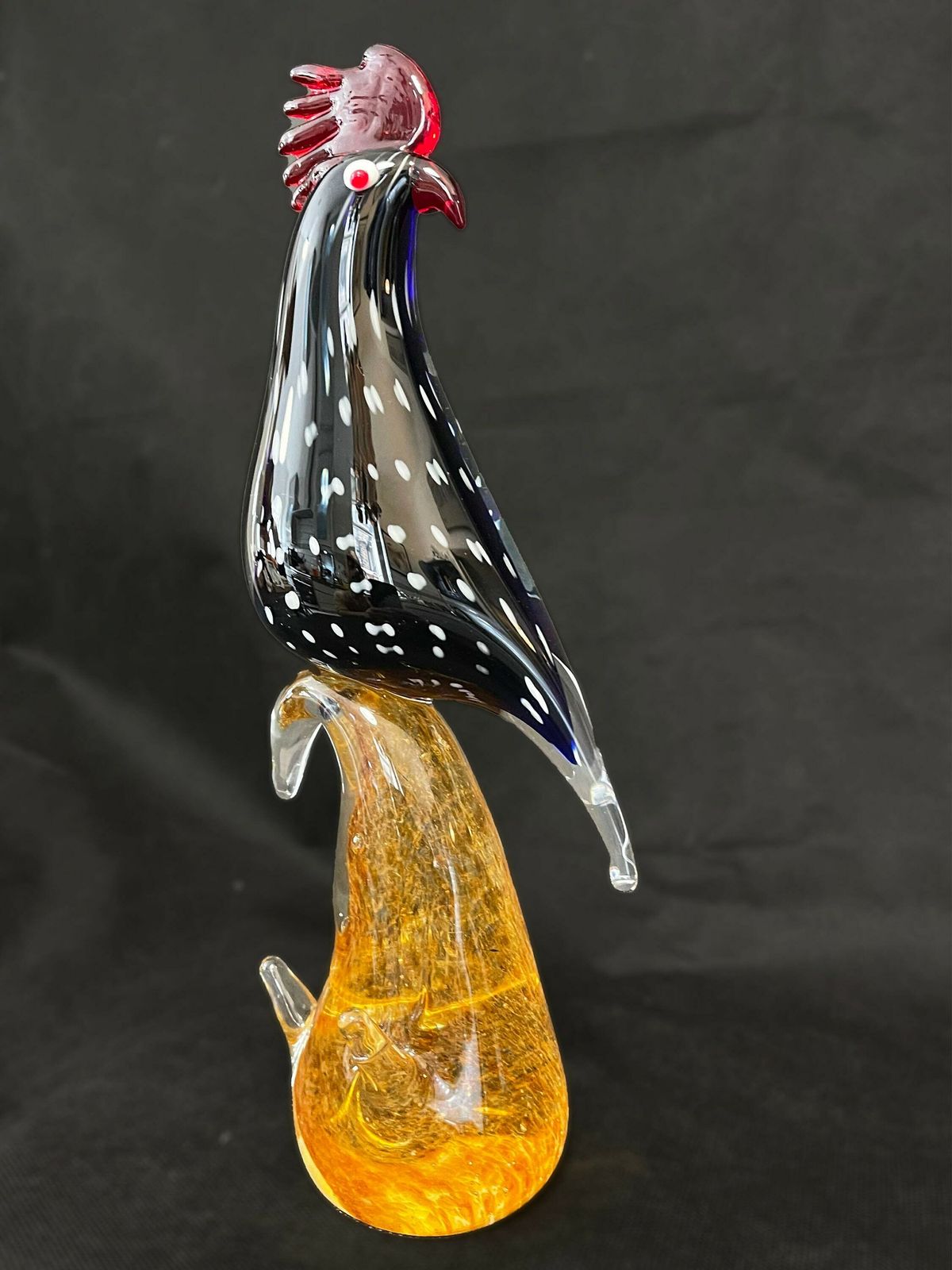 Mid Century Cockerel Rooster Polka Dots Art Glass Bird Figure On Glass Stand photo for sale