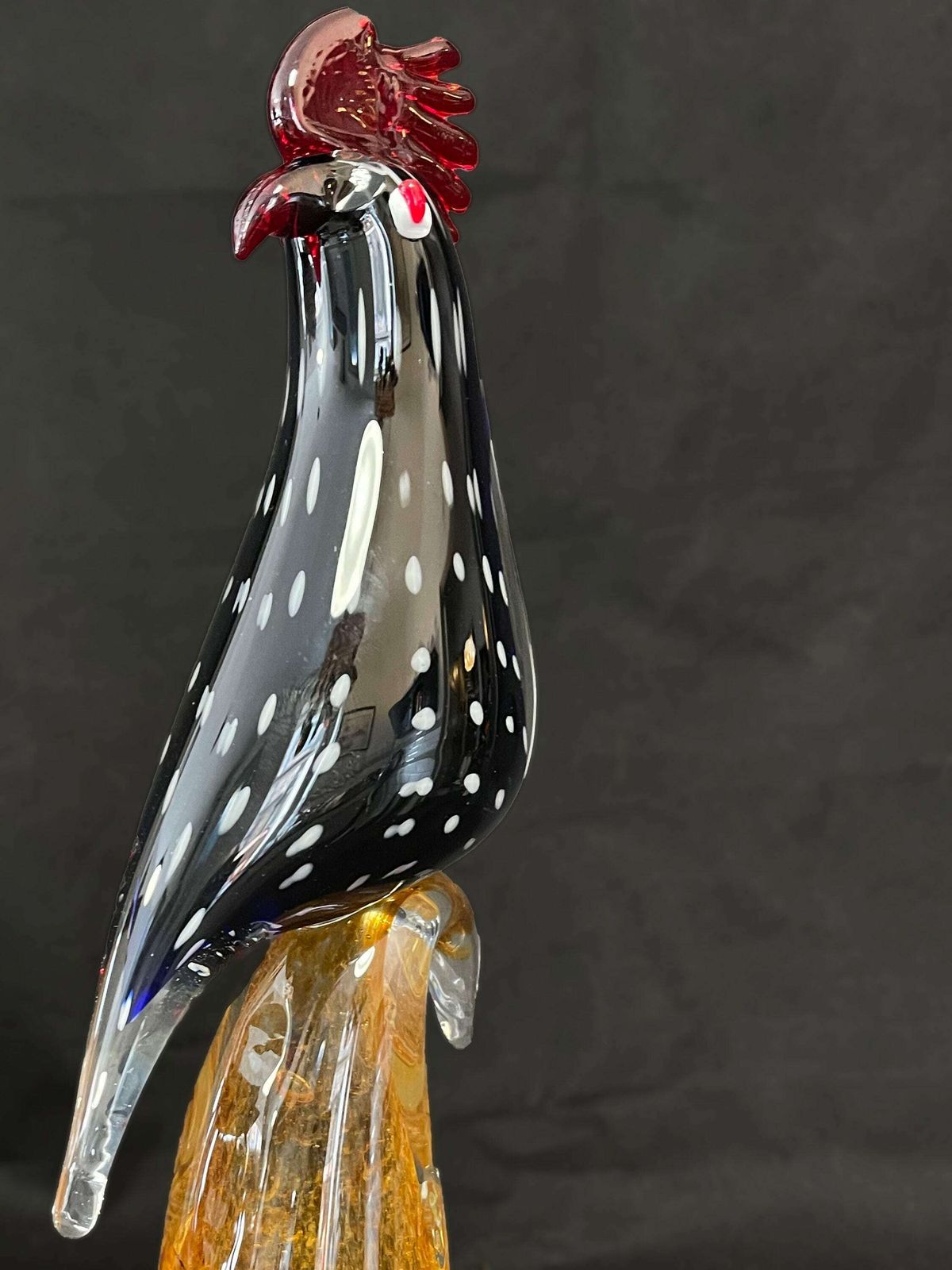 Mid Century Cockerel Rooster Polka Dots Art Glass Bird Figure On Glass Stand photo 50.0