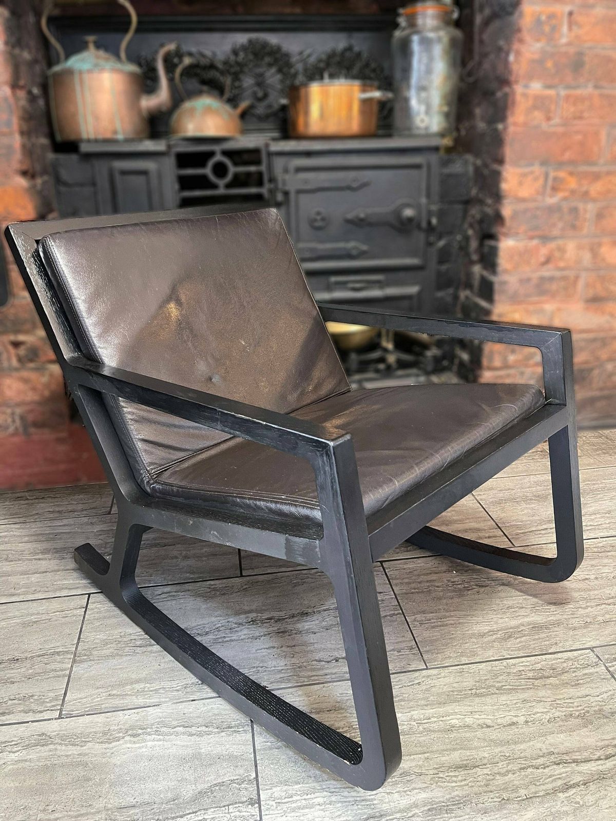 Early 2000's Modernist Black Wood Rocking Chair With Reupholstered Leather Seat And Back Rest Cushion By James Harrison photo furniture