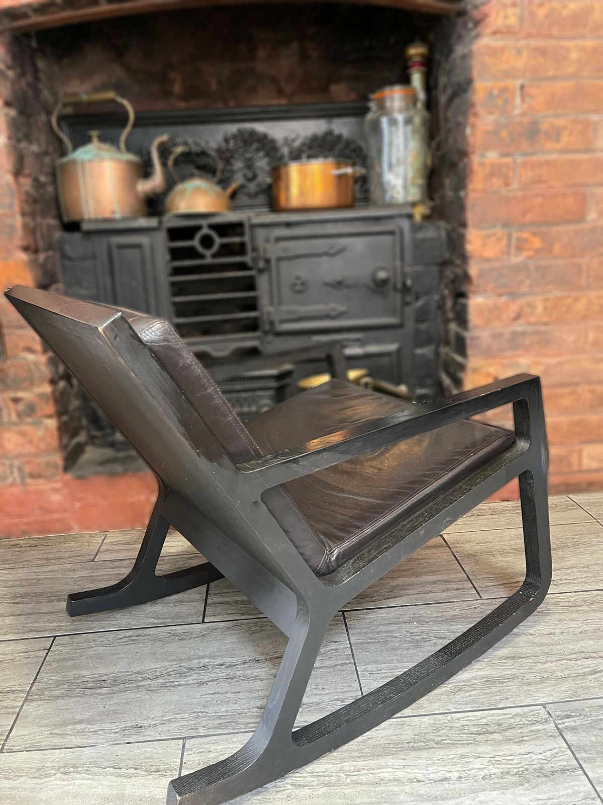 Early 2000's Modernist Black Wood Rocking Chair With Reupholstered Leather Seat And Back Rest Cushion By James Harrison photo 249.0