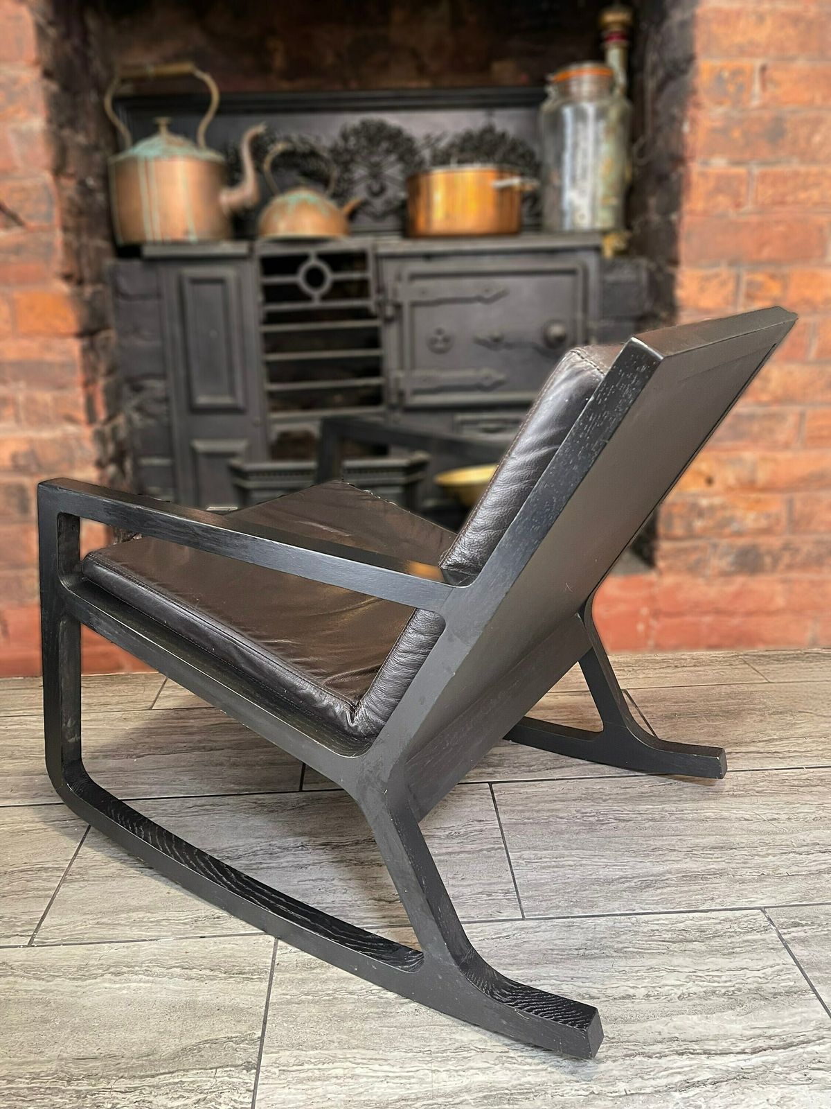 Early 2000's Modernist Black Wood Rocking Chair With Reupholstered Leather Seat And Back Rest Cushion By James Harrison photo buy