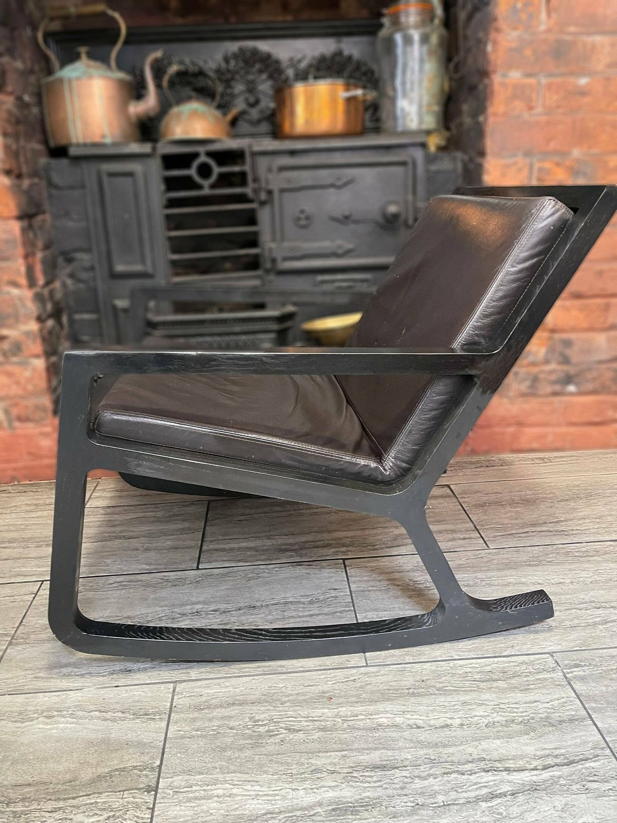 Early 2000's Modernist Black Wood Rocking Chair With Reupholstered Leather Seat And Back Rest Cushion By James Harrison photo vintage