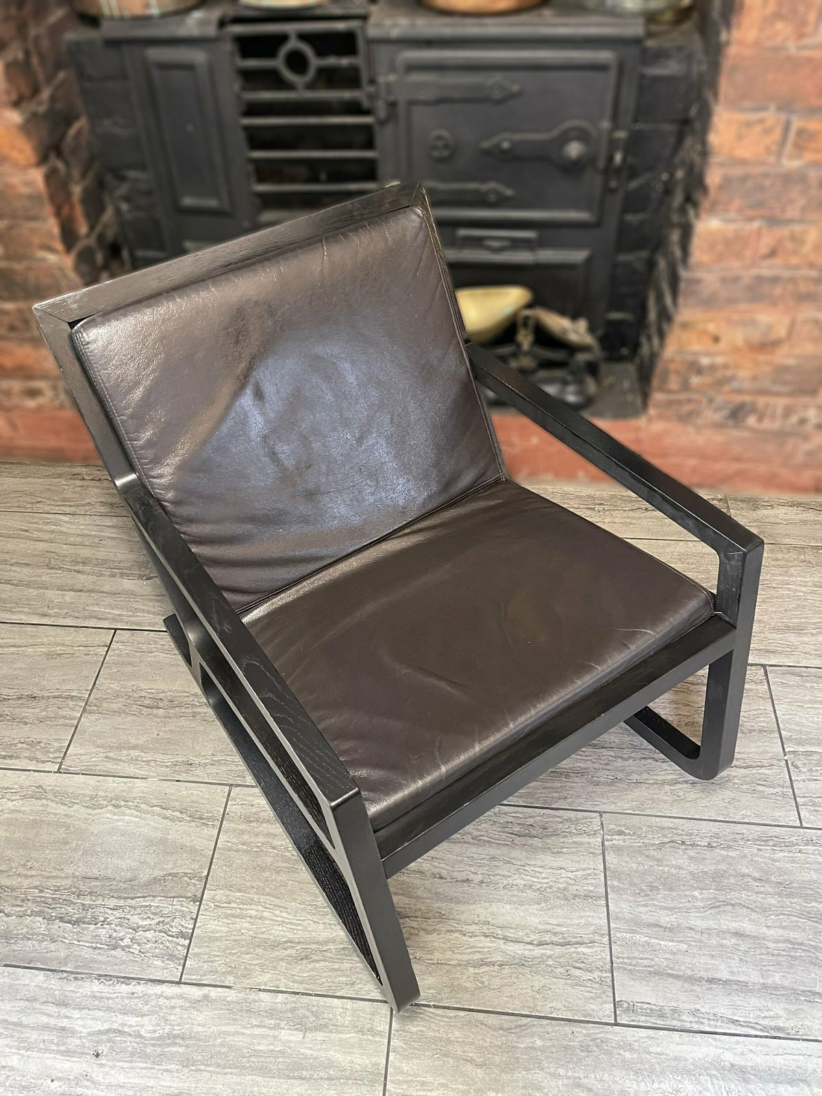 photo for sale Early 2000's Modernist Black Wood Rocking Chair With Reupholstered Leather Seat And Back Rest Cushion By James Harrison