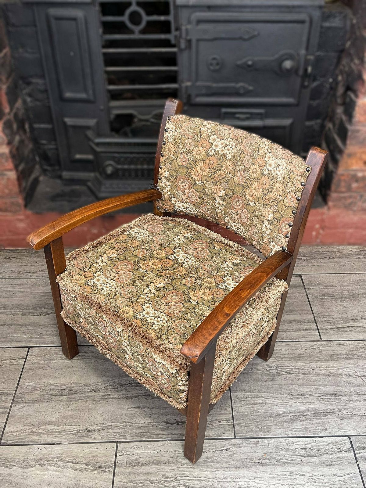 Small Deco Arts And Crafts Solid Oak Wooden Armchair With Stud Details And Tapestry Cushion/Backrest Circa 1920 photo furniture