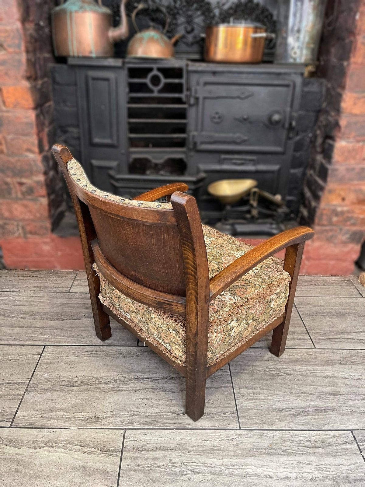 Small Deco Arts And Crafts Solid Oak Wooden Armchair With Stud Details And Tapestry Cushion/Backrest Circa 1920 photo vinterior