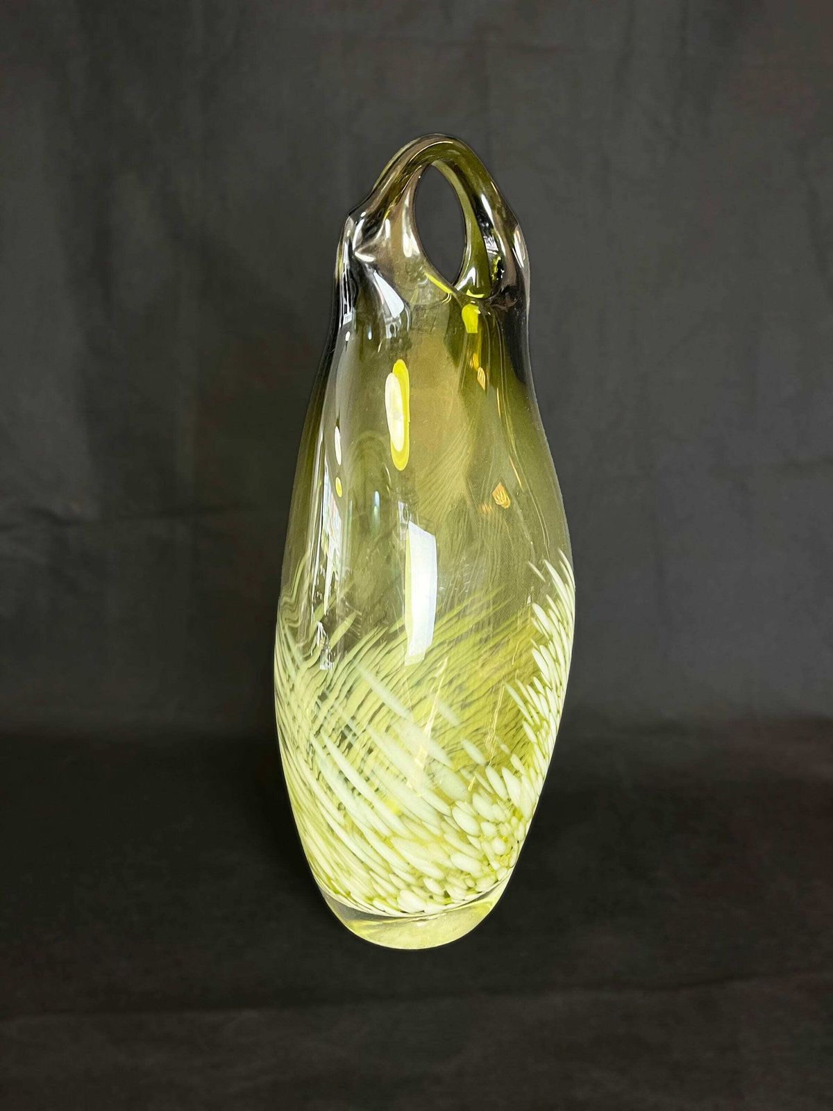 Large Mid Century Vintage Large Art Glass Vase With Splatter Glass Pattern In White On Retro Chartreuse Green Base.