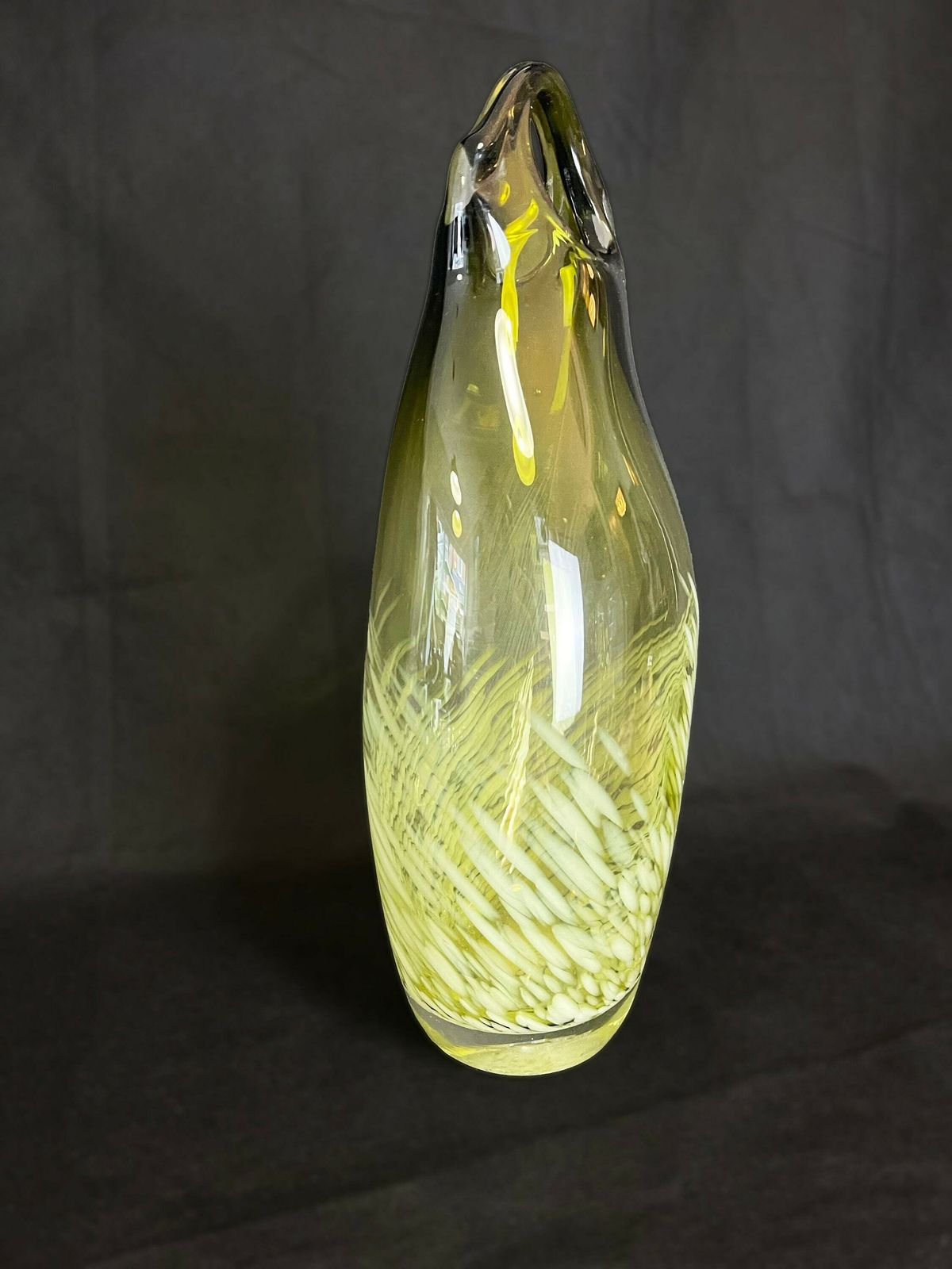 Large Mid Century Vintage Large Art Glass Vase With Splatter Glass Pattern In White On Retro Chartreuse Green Base. photo furniture