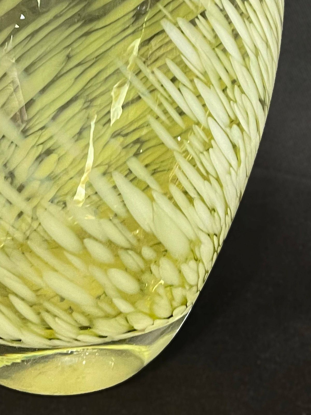 Large Mid Century Vintage Large Art Glass Vase With Splatter Glass Pattern In White On Retro Chartreuse Green Base. photo for sale