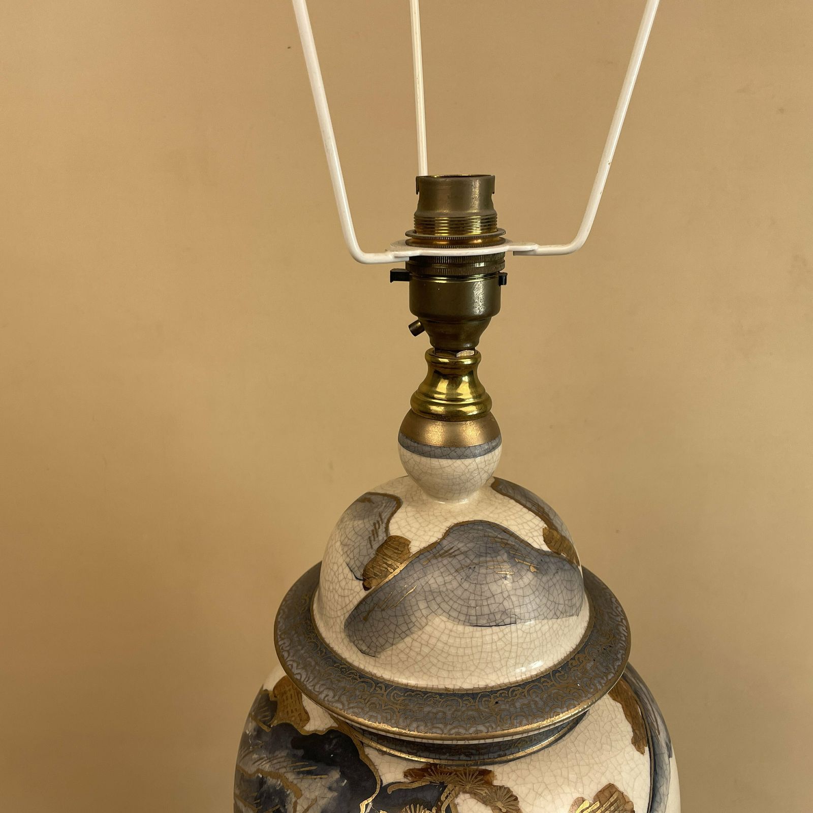 Vintage Ceramic Lamp Oriental Light Bedside Table Hand Painted Mountain Scenic Design Cream Blue Gold Wood Base Vase Cottage Antique photo Lighting