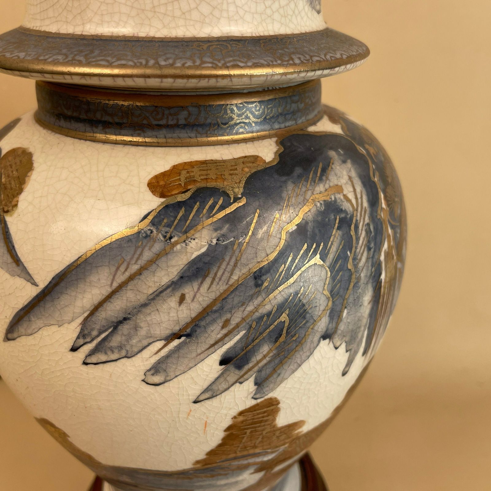 Vintage Ceramic Lamp Oriental Light Bedside Table Hand Painted Mountain Scenic Design Cream Blue Gold Wood Base Vase Cottage Antique photo vintage