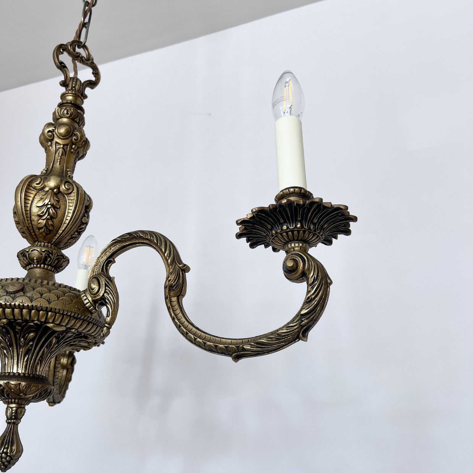 Ornate Cast Brass Chandelier With Three Decorative Swan Neck Arms photo vinterior