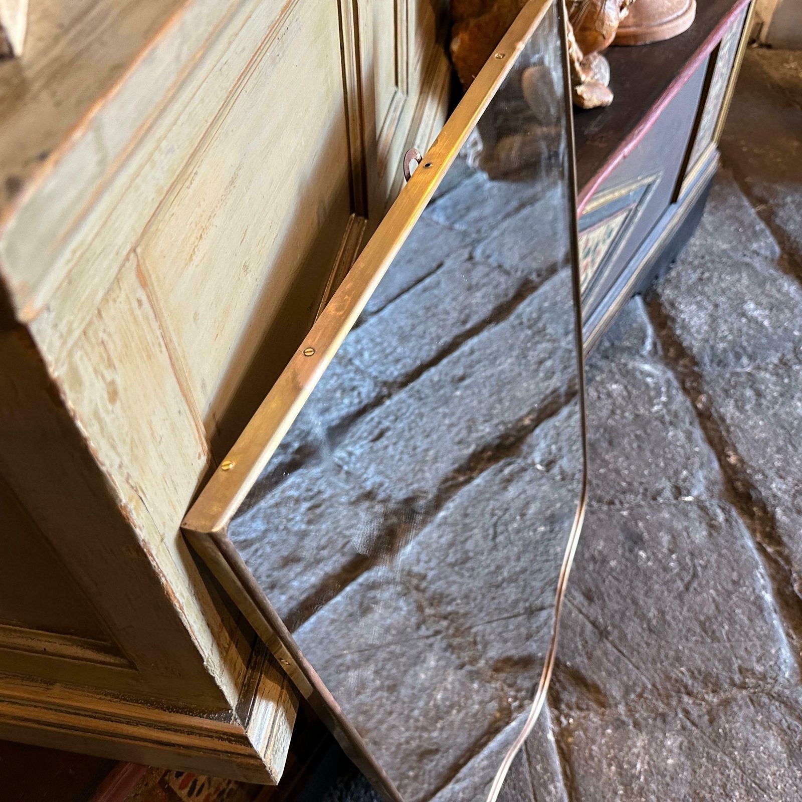 1950s Gio Ponti Style Mid Century Modern Brass Shield Italian Wall Mirror photo vinterior