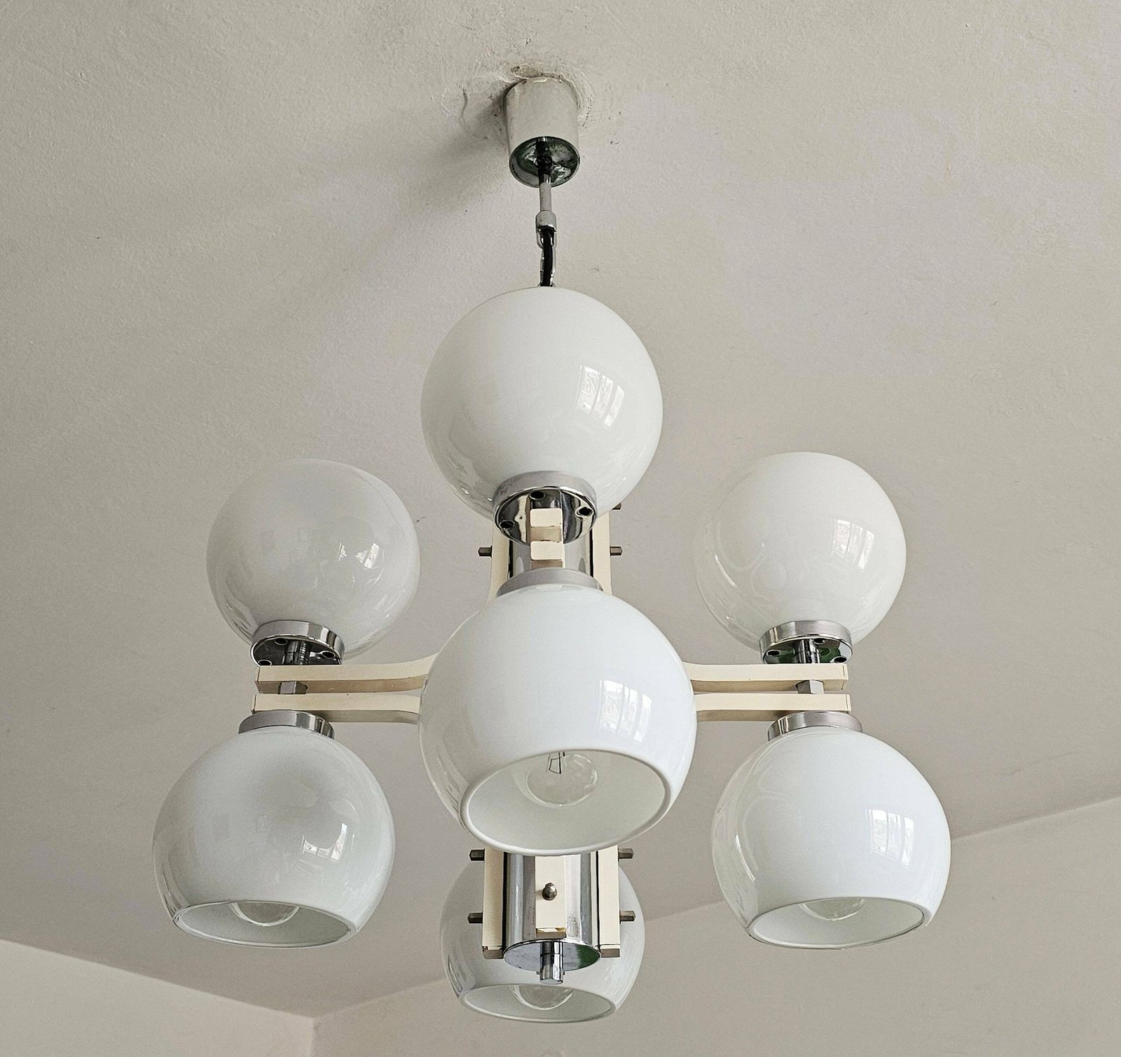 Space Age 8 Light Chandelier With While Glass Shades // Made In Yugoslavia In 1970s photo furniture