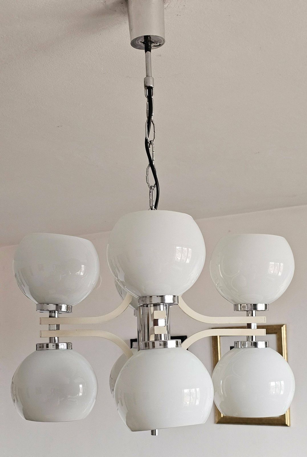 Space Age 8 Light Chandelier With While Glass Shades // Made In Yugoslavia In 1970s photo Lighting