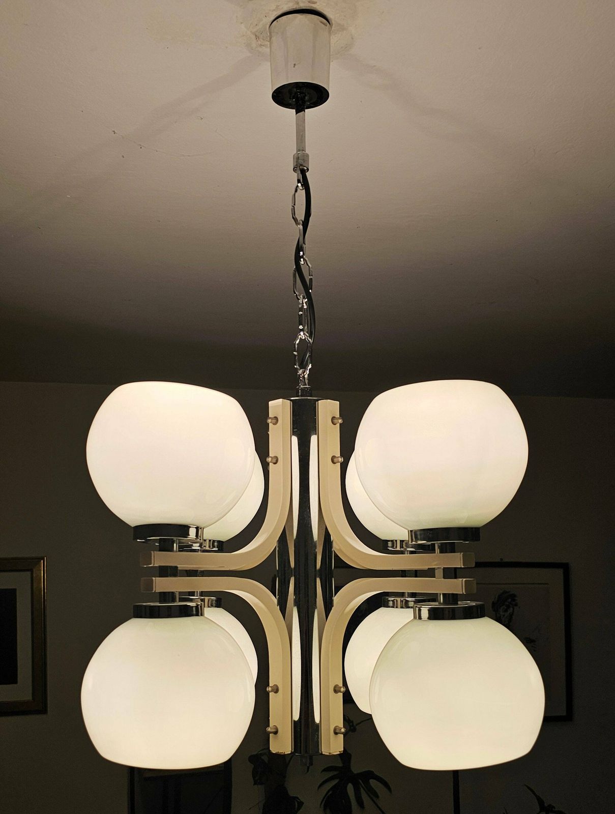 Space Age 8 Light Chandelier With While Glass Shades // Made In Yugoslavia In 1970s photo 600.0