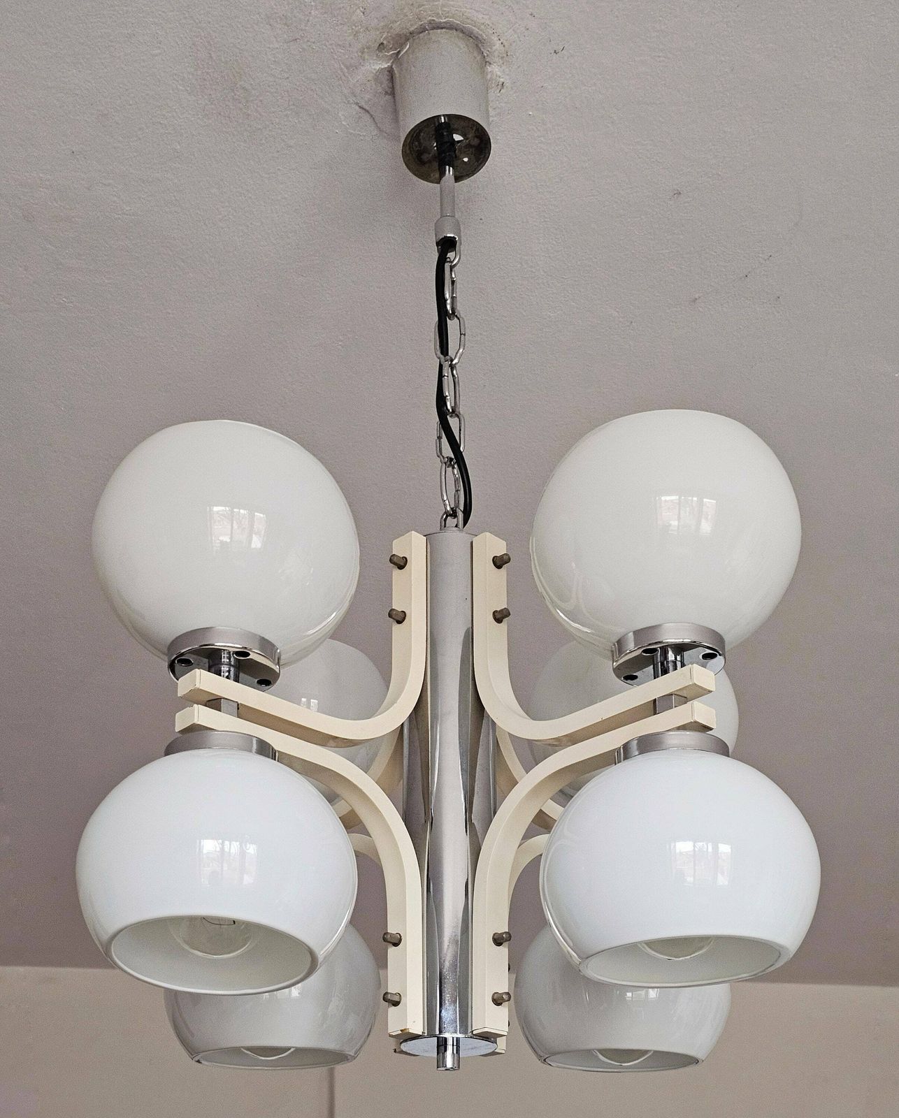 photo for sale Space Age 8 Light Chandelier With While Glass Shades // Made In Yugoslavia In 1970s