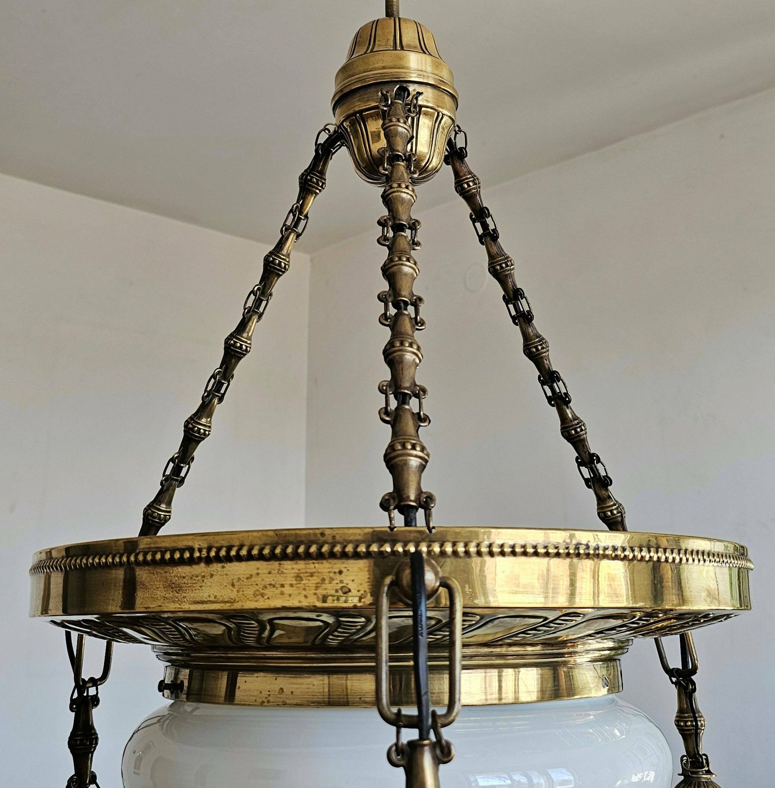 Art Nouveau Polished Brass Chandelier With Opaline Glass Dome // Antique Chandelier // Made In Austria In 1910s photo Lighting