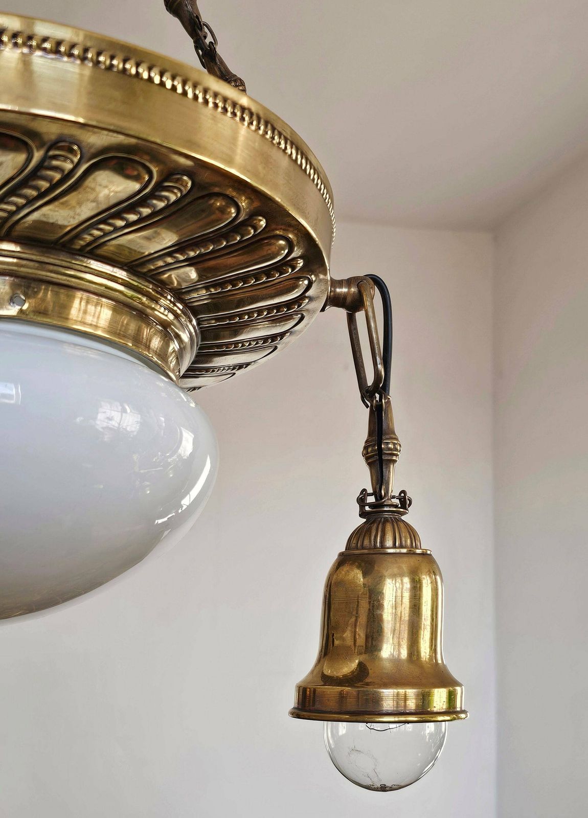 Art Nouveau Polished Brass Chandelier With Opaline Glass Dome // Antique Chandelier // Made In Austria In 1910s photo 1200.0
