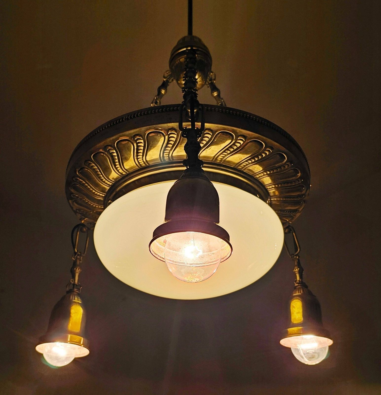 photo furniture Art Nouveau Polished Brass Chandelier With Opaline Glass Dome // Antique Chandelier // Made In Austria In 1910s
