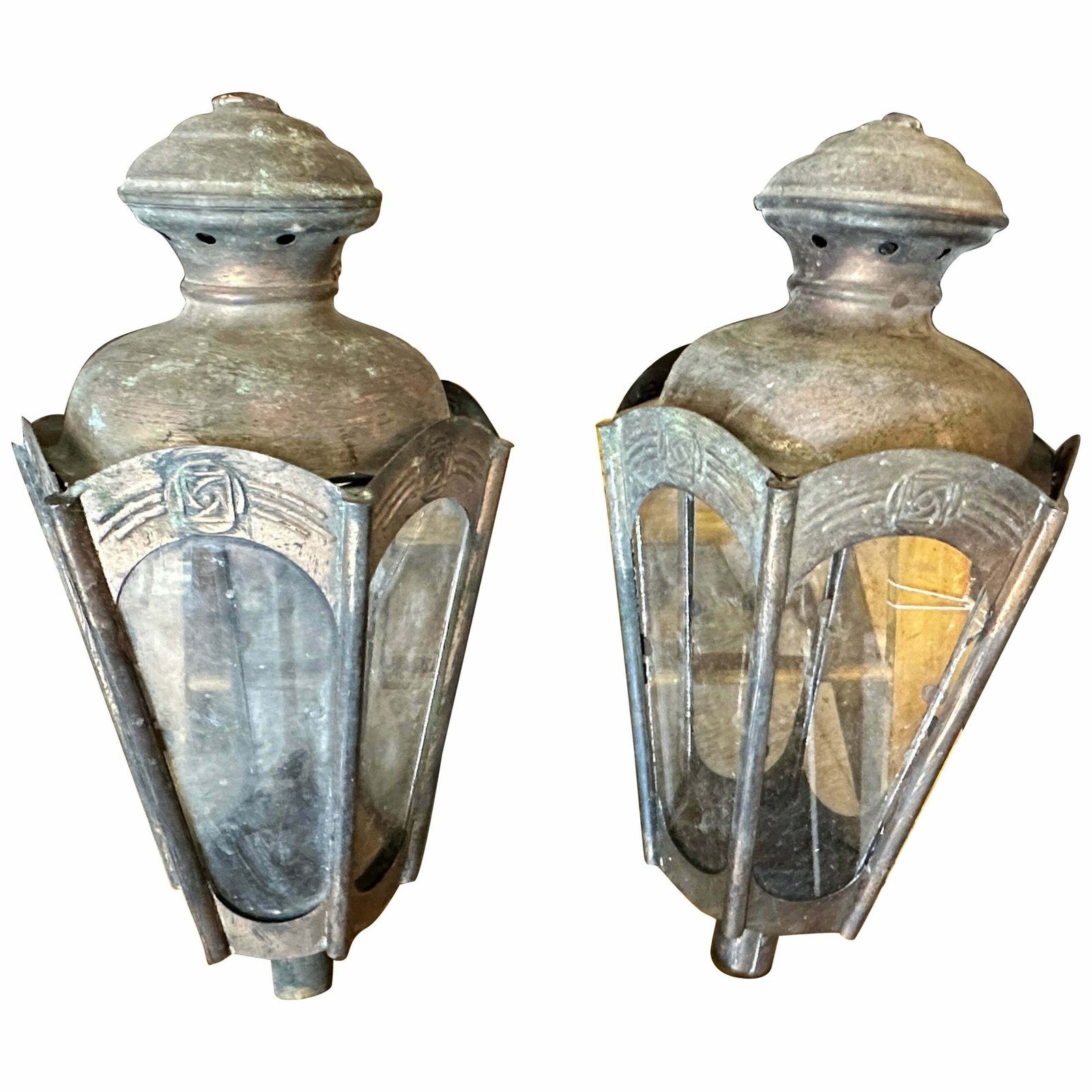 Two 1900s Art Nouveau Copper Italian Procession Candle Lamps