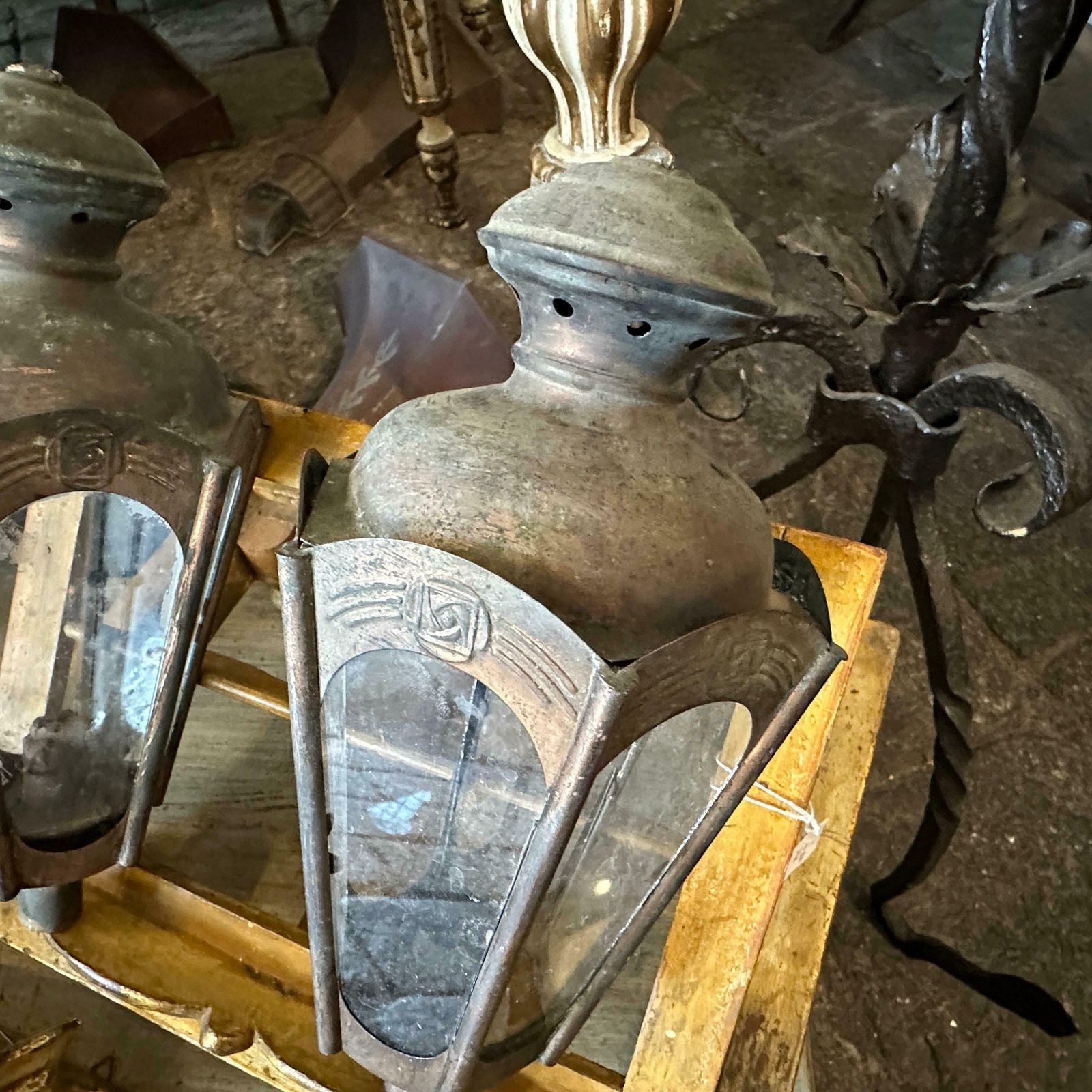 Two 1900s Art Nouveau Copper Italian Procession Candle Lamps photo vinterior