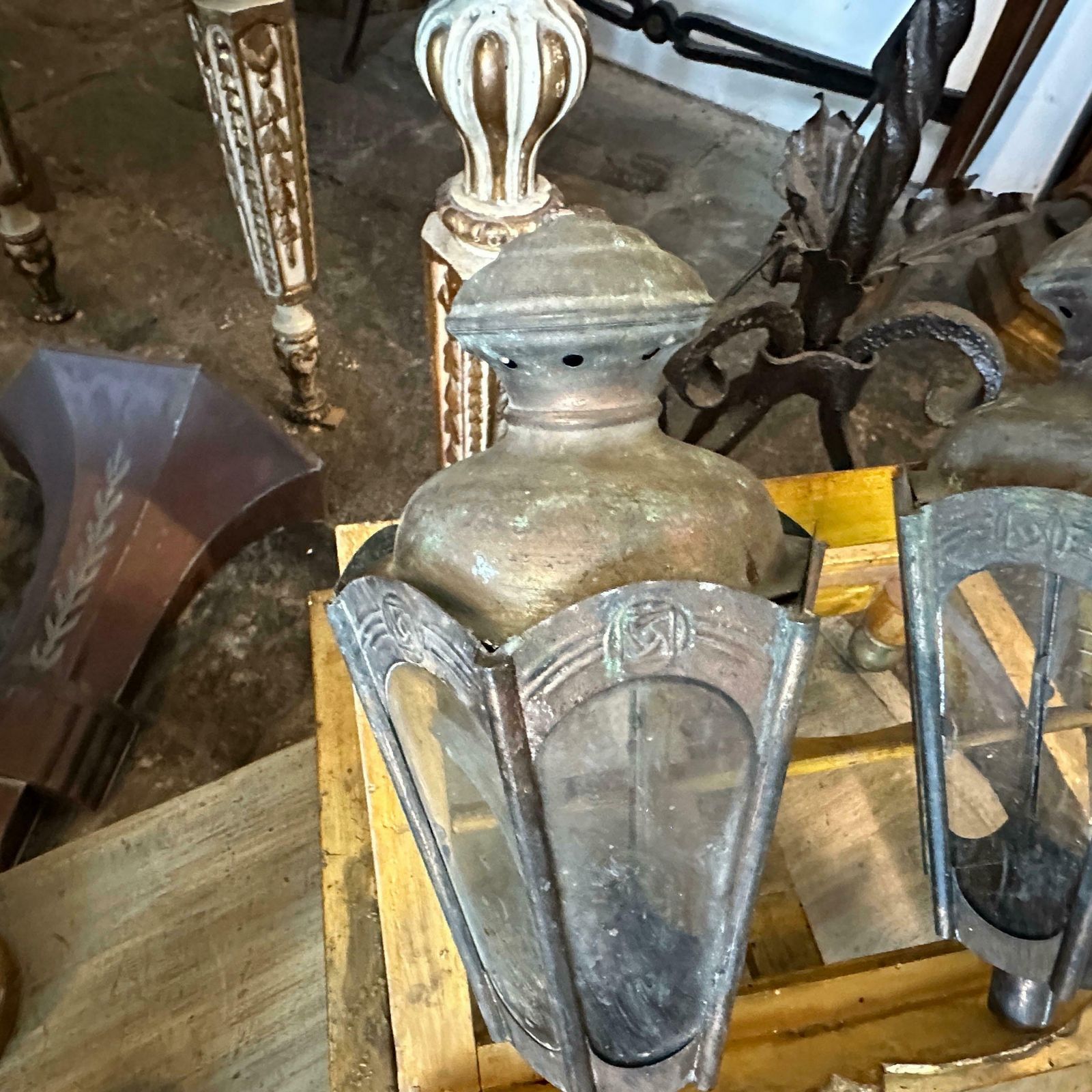 photo furniture Two 1900s Art Nouveau Copper Italian Procession Candle Lamps